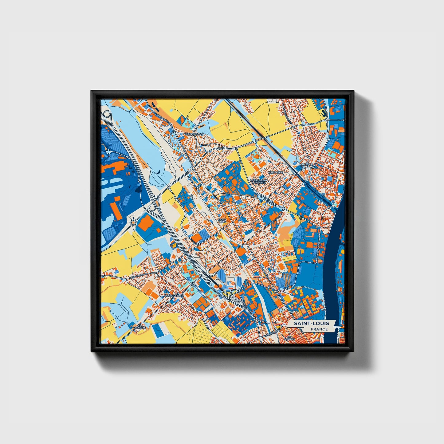Saint-Louis France Colorful City Map Canvas Print • Black Framed