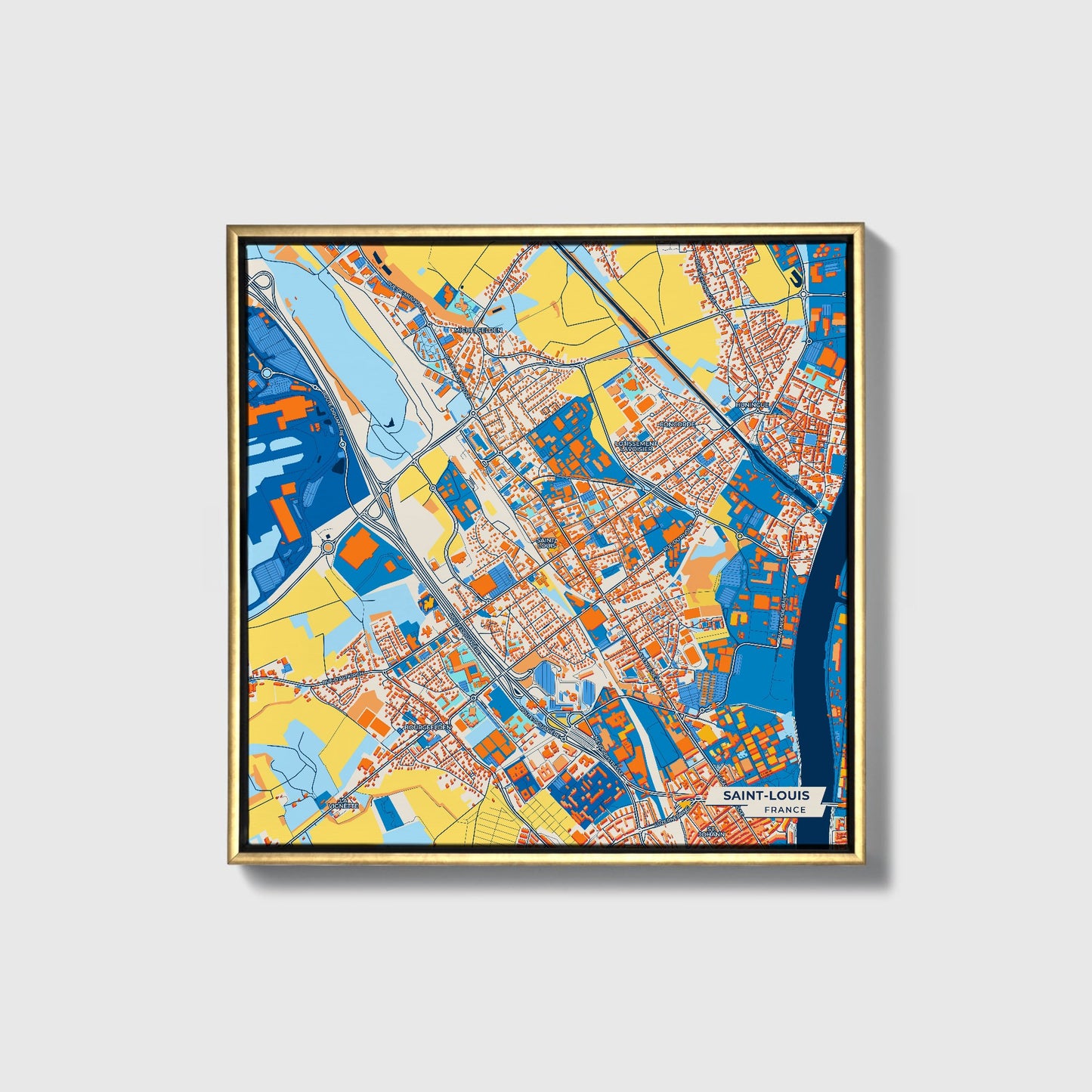 Saint-Louis France Colorful City Map Canvas Print • Gold Framed