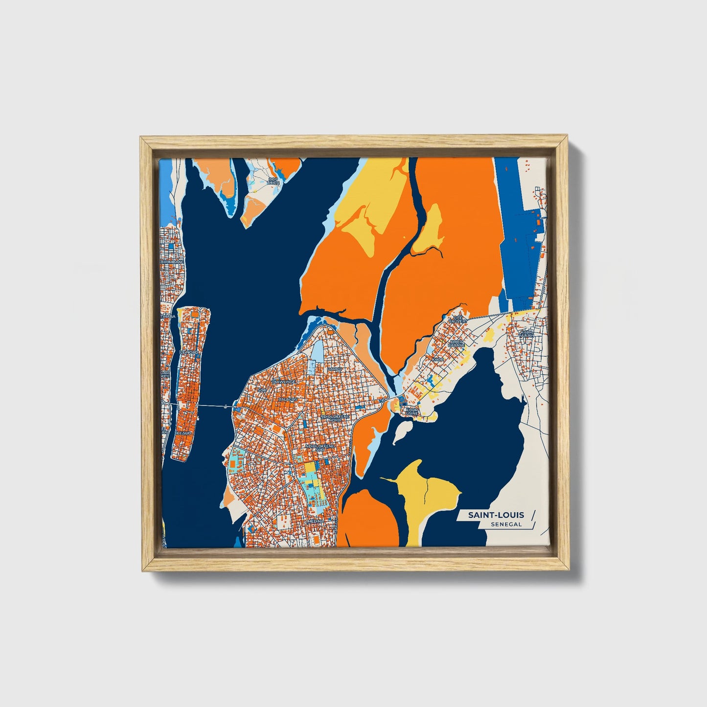 Saint-Louis Senegal Colorful City Map Canvas Print • Natural Wooden Framed