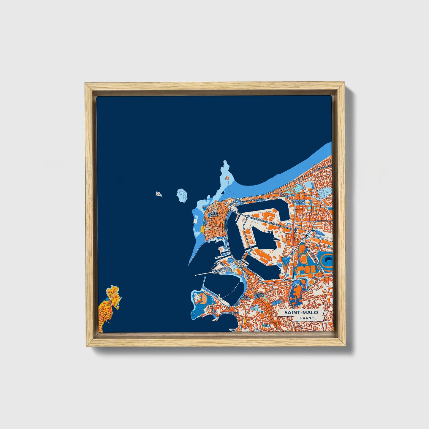Saint-Malo France Colorful City Map Canvas Print • Natural Wooden Framed