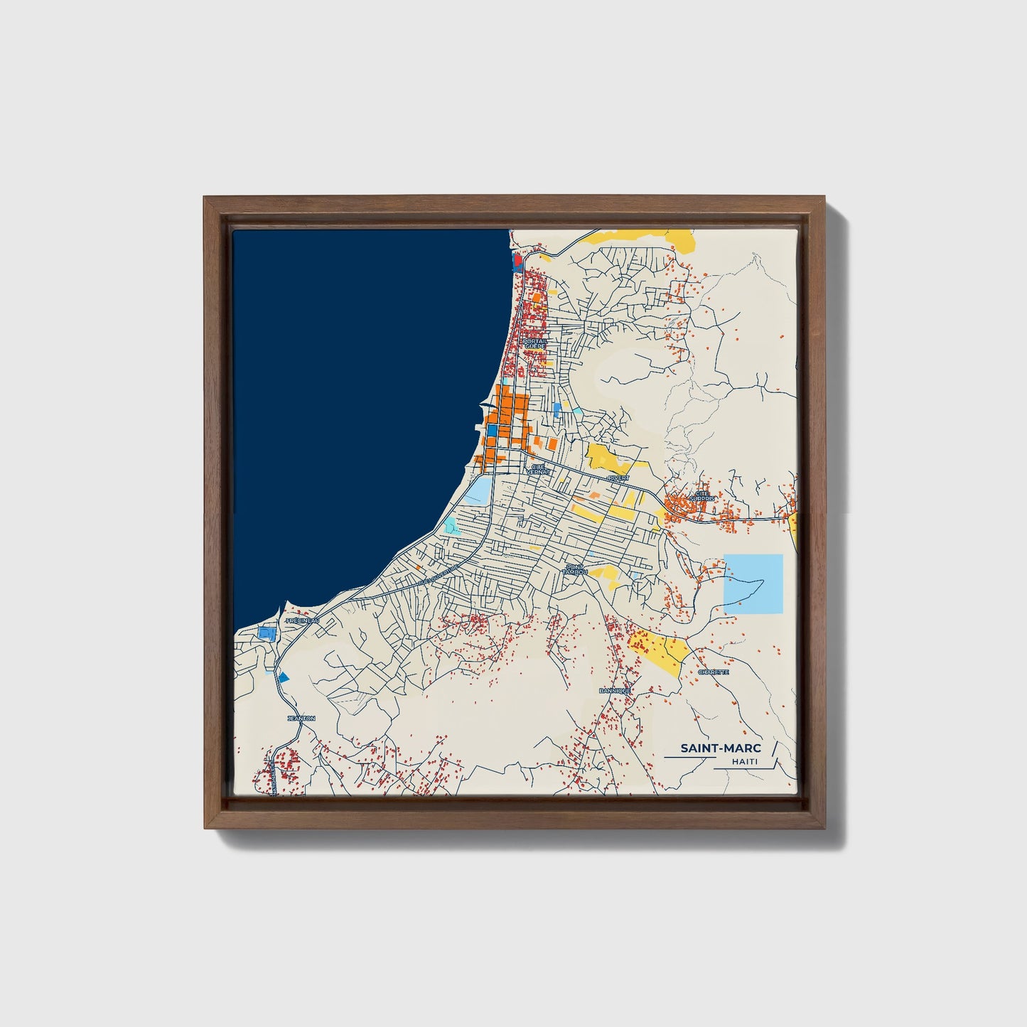 Saint-Marc Haiti Colorful City Map Canvas Print • Dark Wooden Framed
