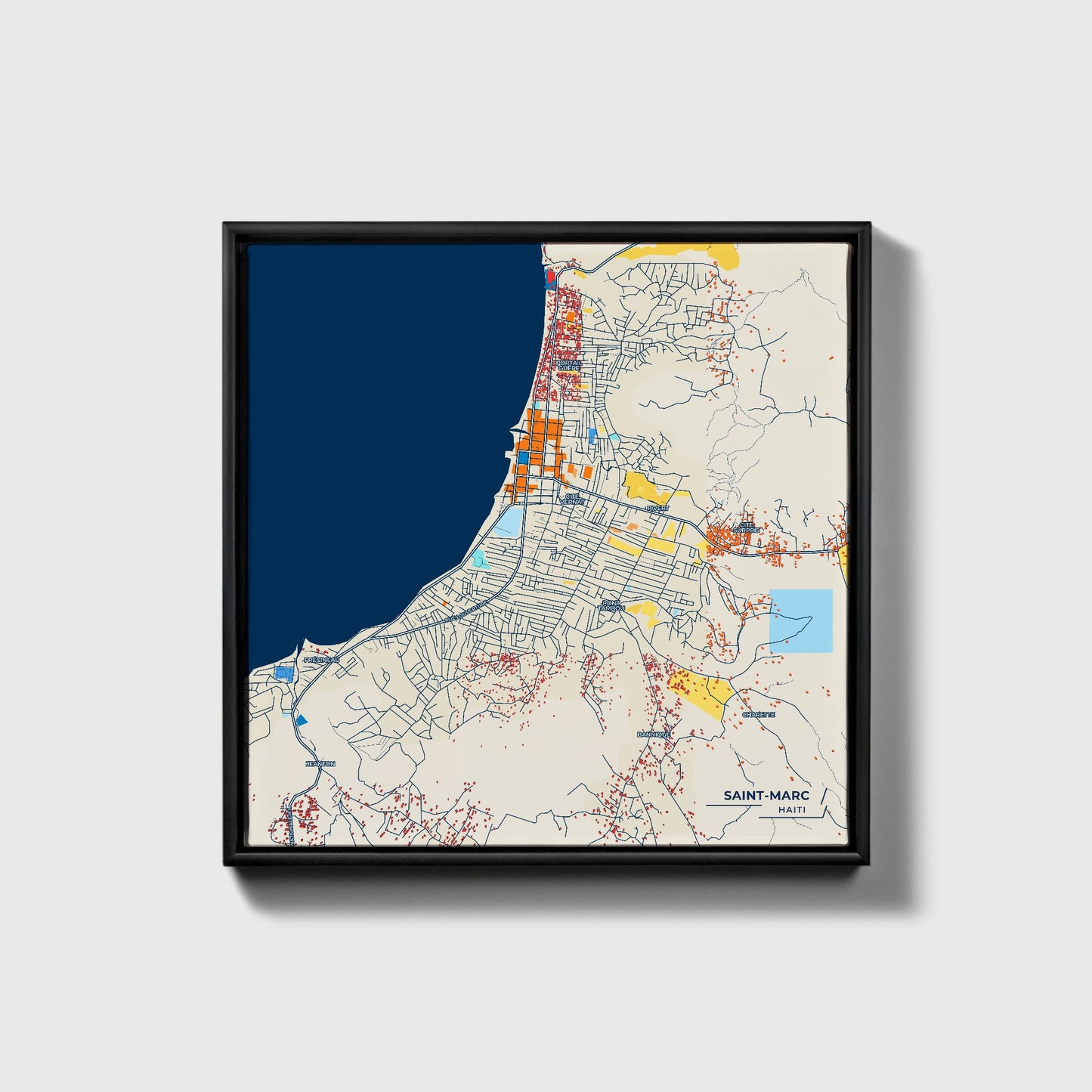 Saint-Marc Haiti Colorful City Map Canvas Print • Black Framed