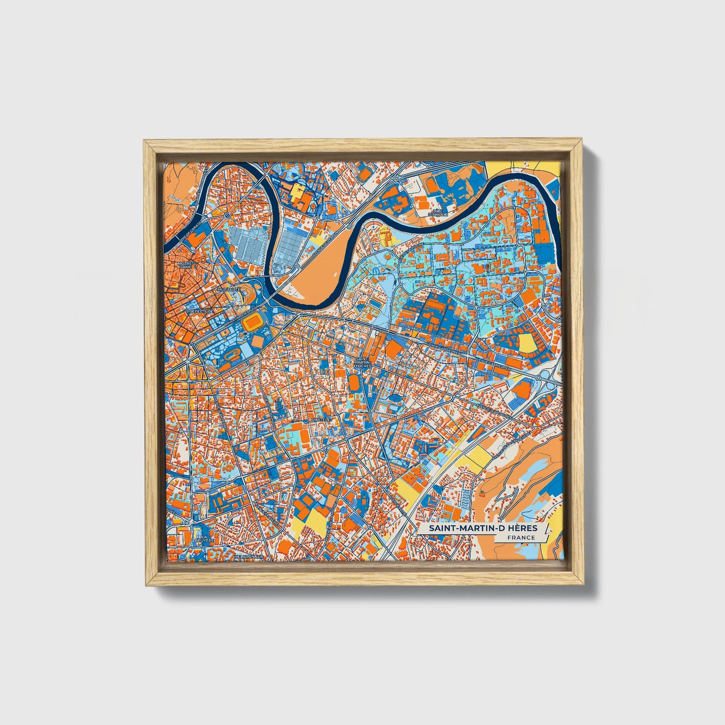 Saint-Martin-D Hères France Colorful City Map Canvas Print • Natural Wooden Framed