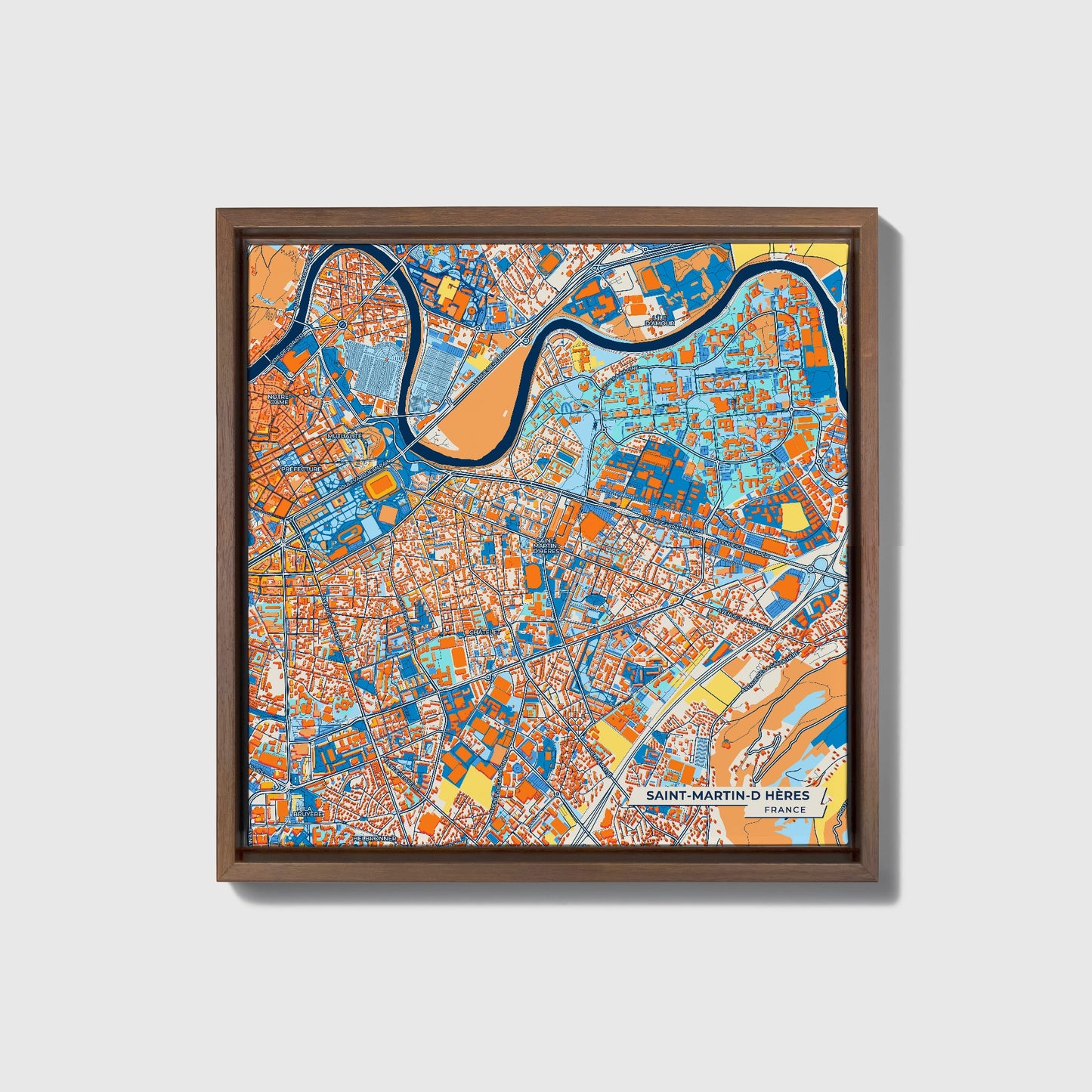 Saint-Martin-D Hères France Colorful City Map Canvas Print • Dark Wooden Framed