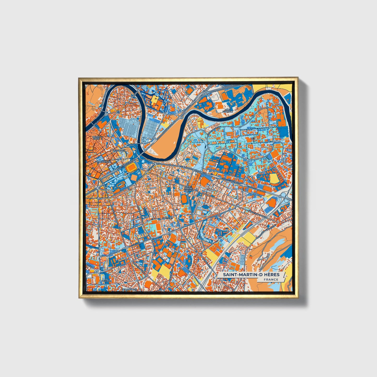 Saint-Martin-D Hères France Colorful City Map Canvas Print • Gold Framed