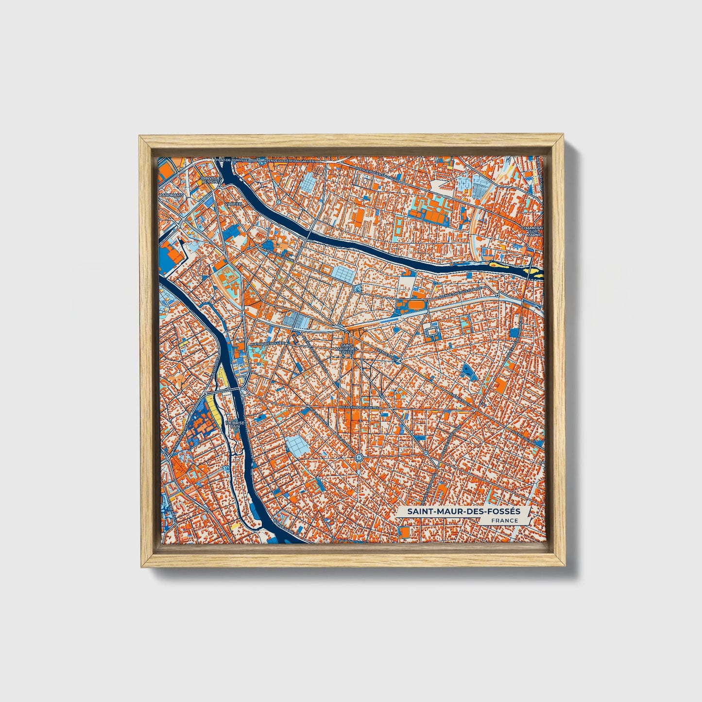 Saint-Maur-Des-Fossés France Colorful City Map Canvas Print • Natural Wooden Framed