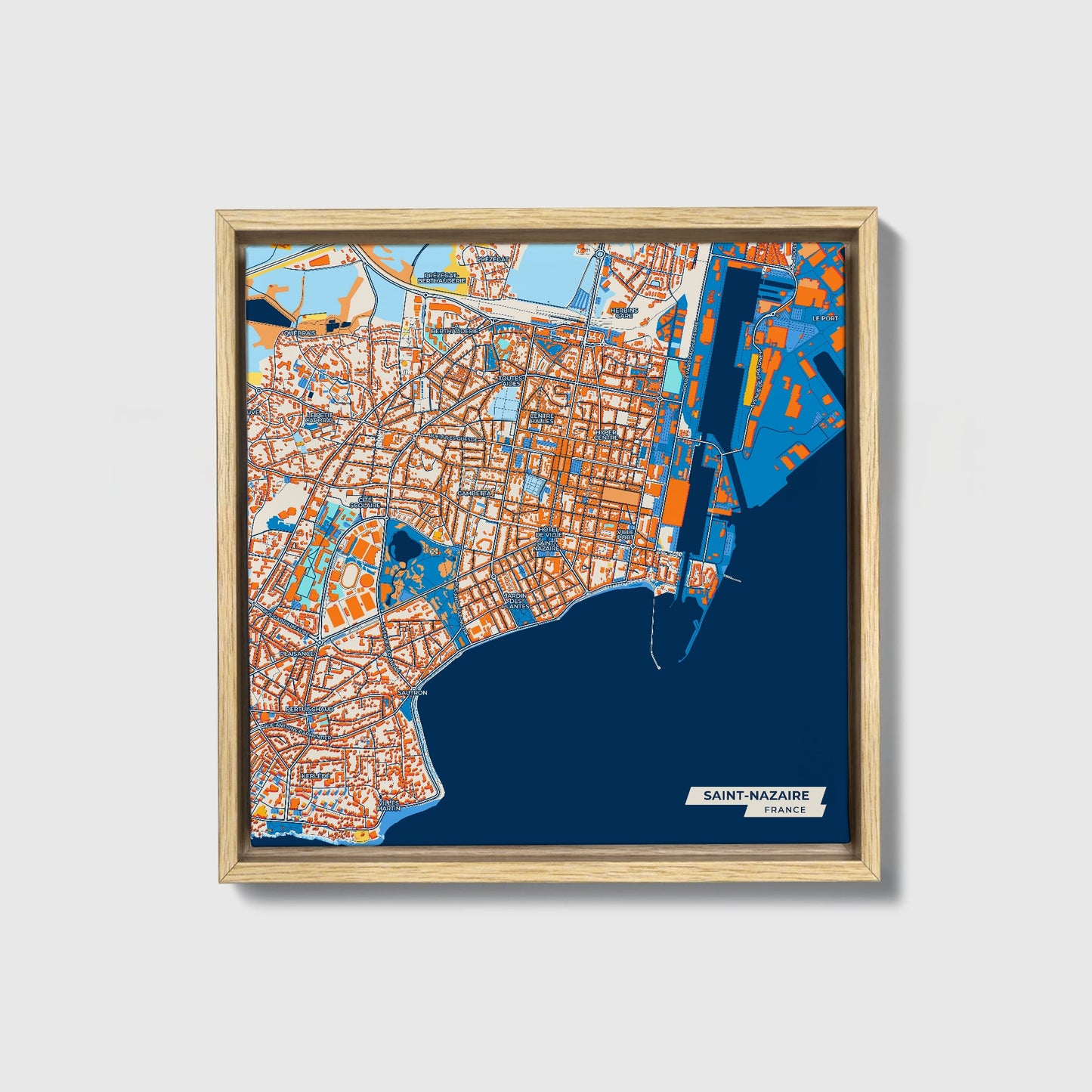Saint-Nazaire France Colorful City Map Canvas Print • Natural Wooden Framed