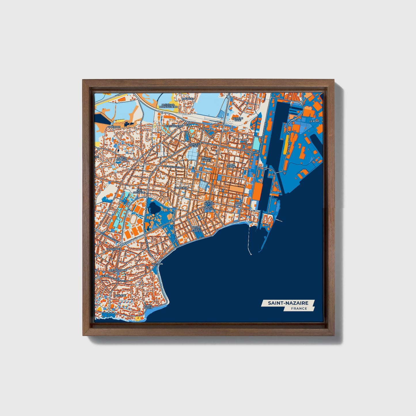 Saint-Nazaire France Colorful City Map Canvas Print • Dark Wooden Framed