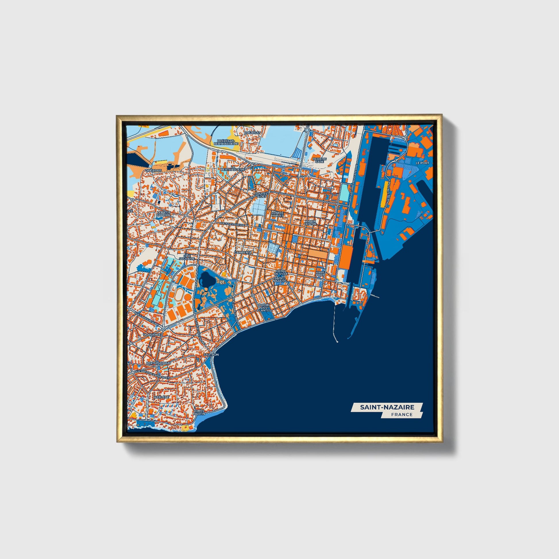 Saint-Nazaire France Colorful City Map Canvas Print • Gold Framed
