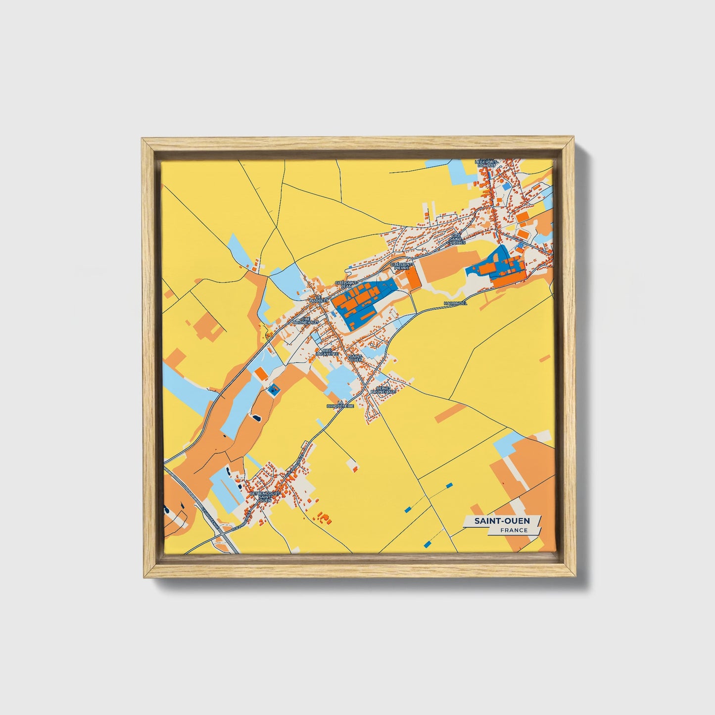 Saint-Ouen France Colorful City Map Canvas Print • Natural Wooden Framed