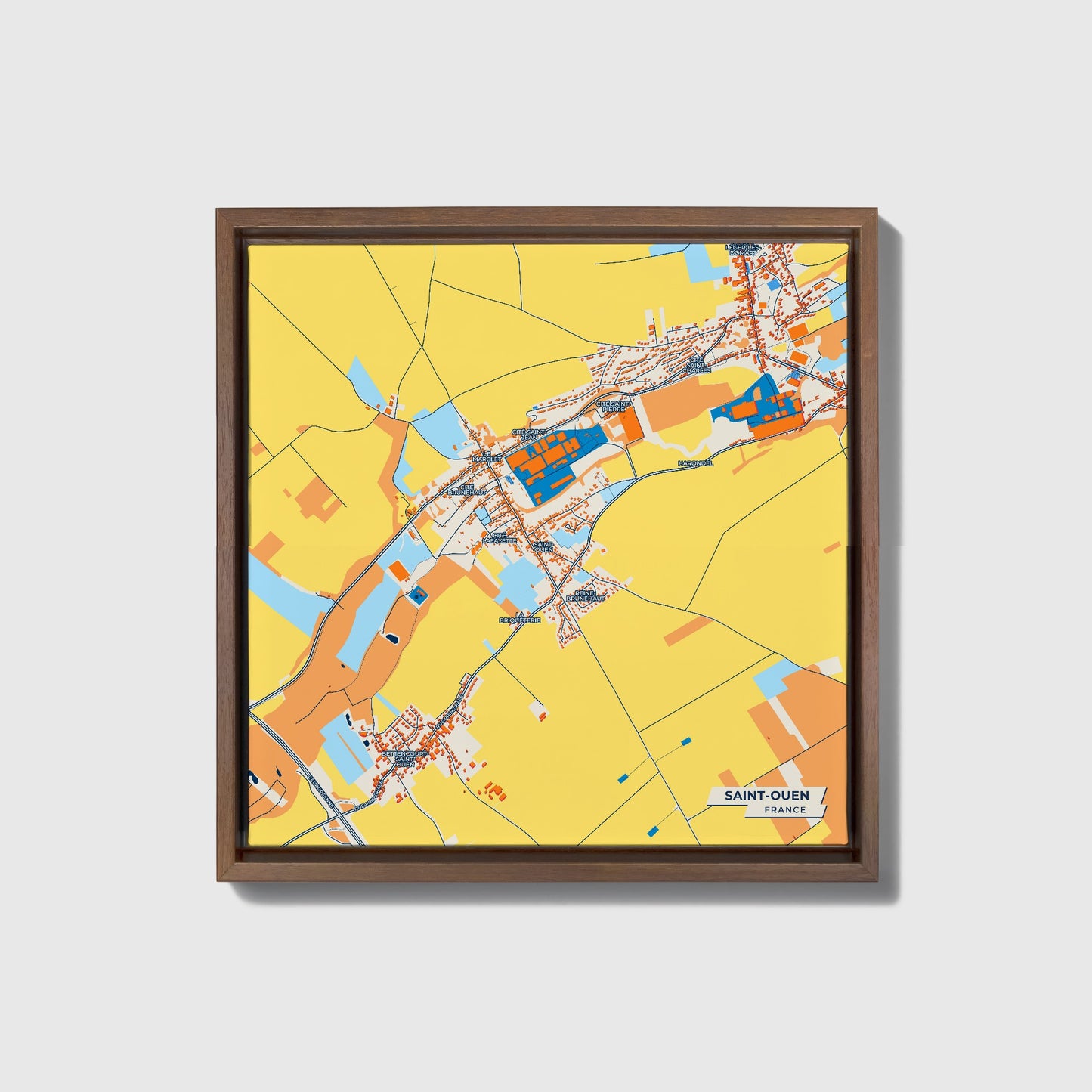 Saint-Ouen France Colorful City Map Canvas Print • Dark Wooden Framed