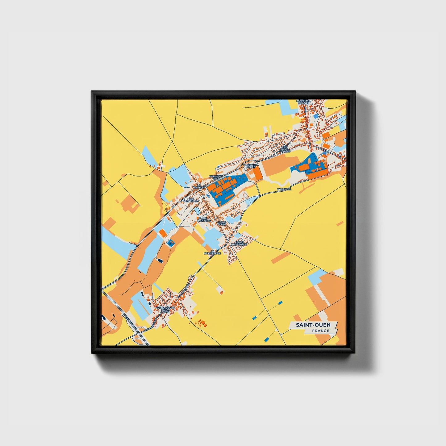 Saint-Ouen France Colorful City Map Canvas Print • Black Framed
