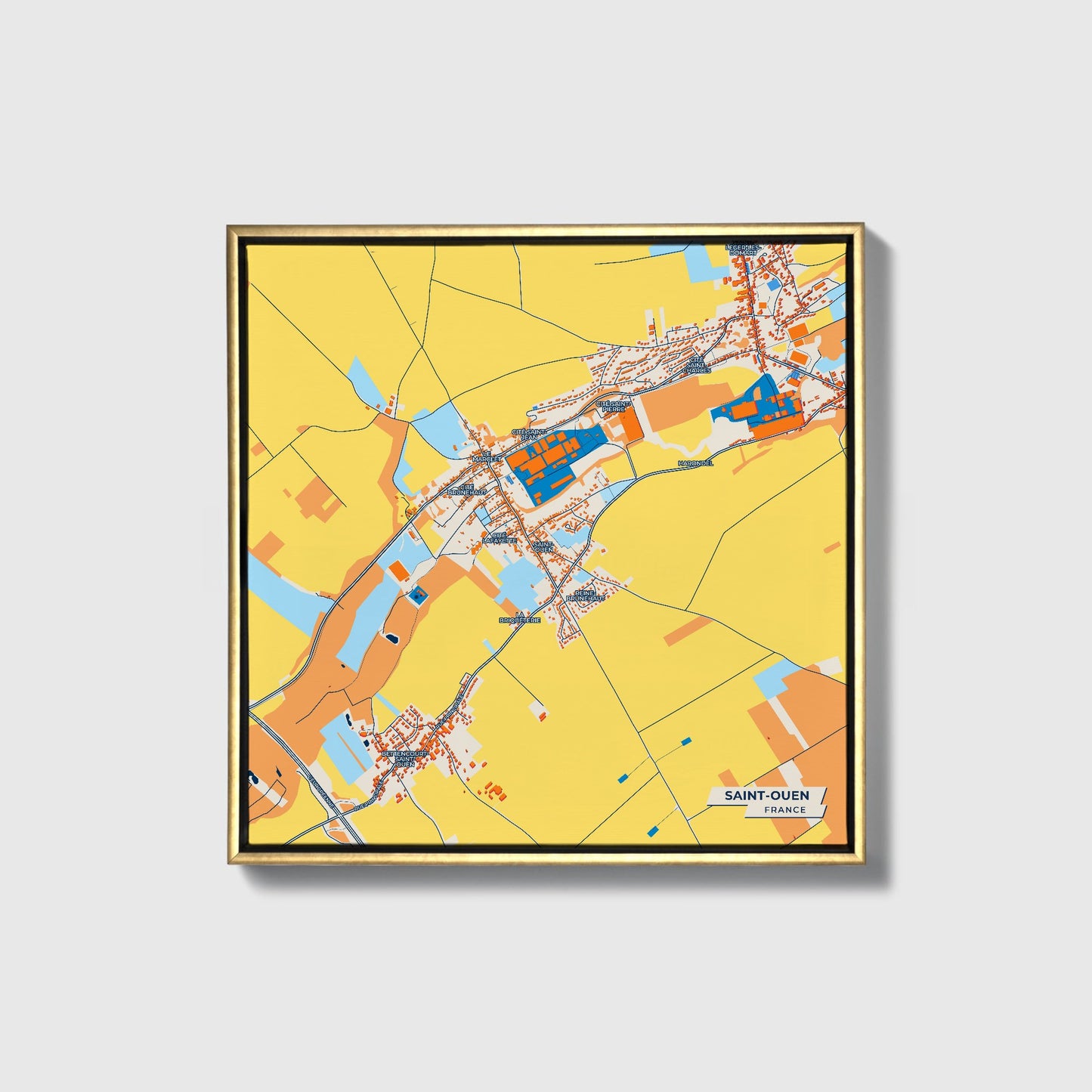 Saint-Ouen France Colorful City Map Canvas Print • Gold Framed
