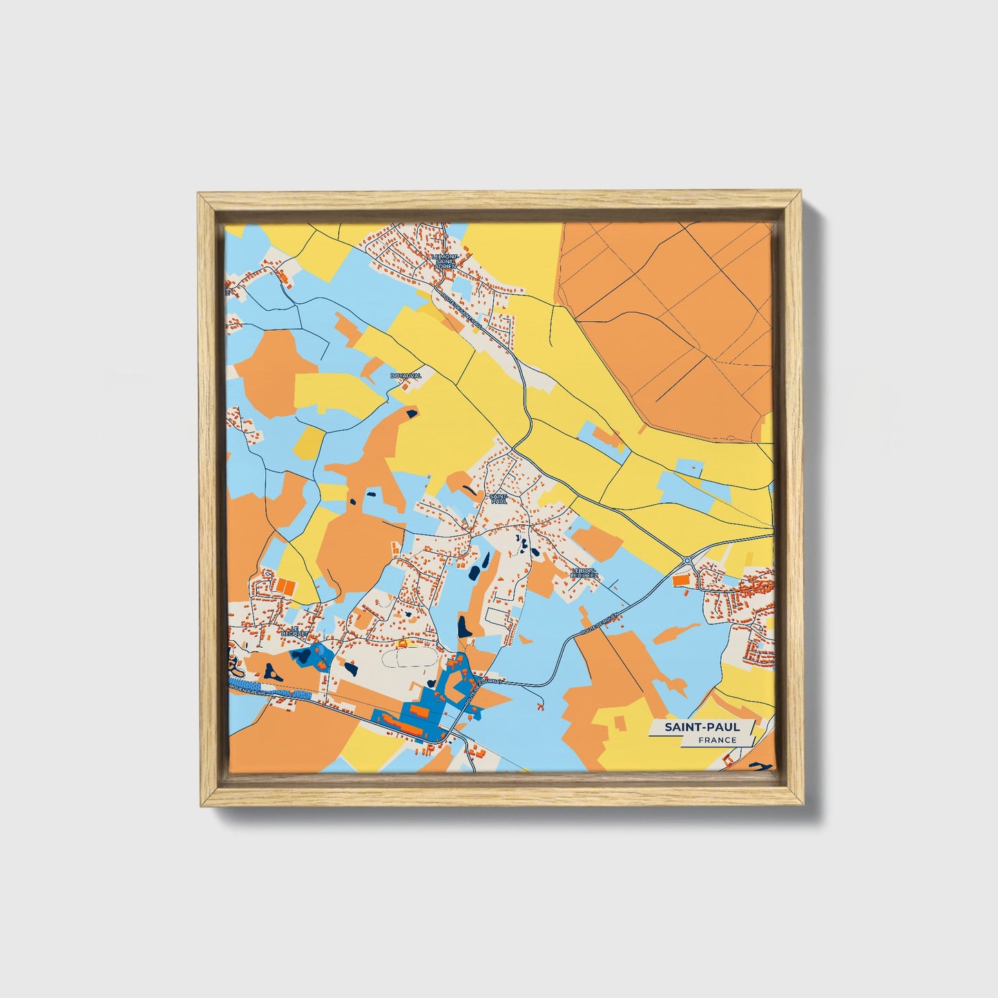Saint-Paul France Colorful City Map Canvas Print • Natural Wooden Framed