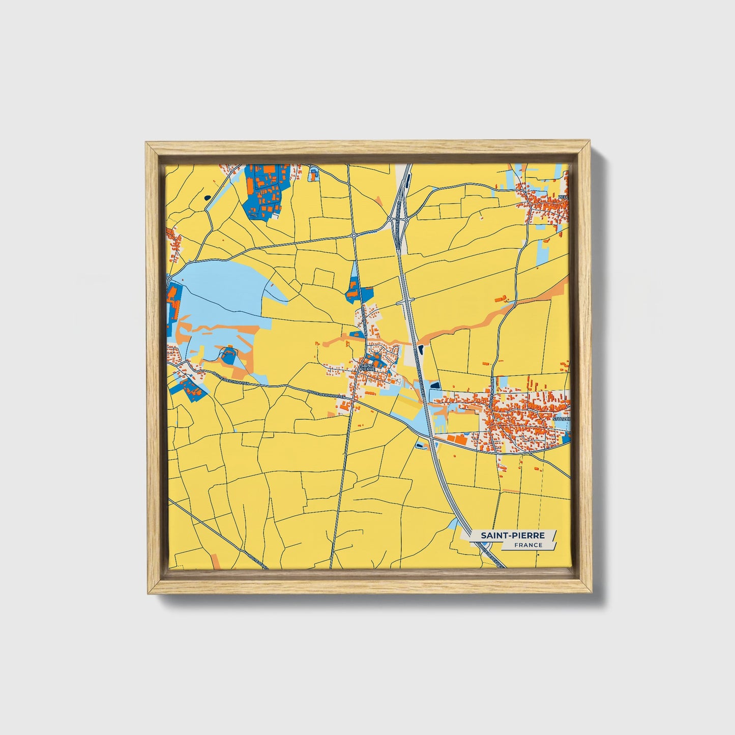 Saint-Pierre France Colorful City Map Canvas Print • Natural Wooden Framed