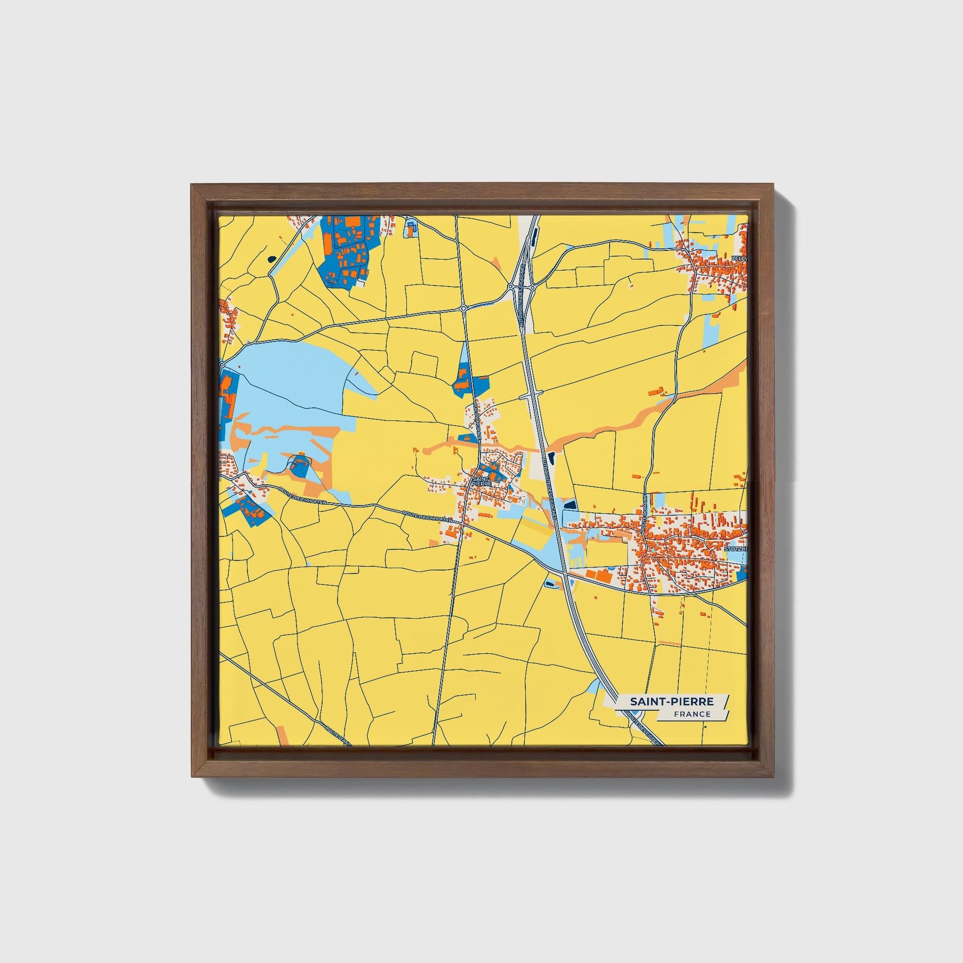 Saint-Pierre France Colorful City Map Canvas Print • Dark Wooden Framed