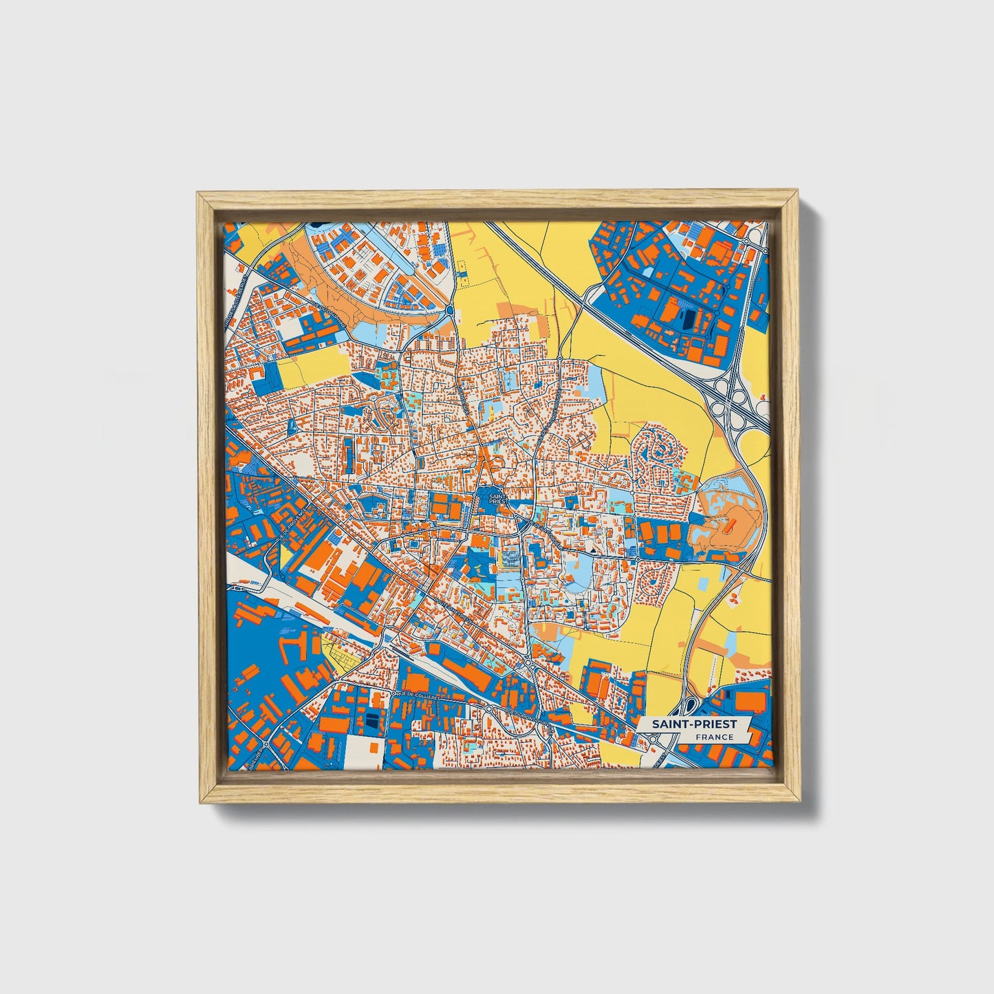 Saint-Priest France Colorful City Map Canvas Print • Natural Wooden Framed