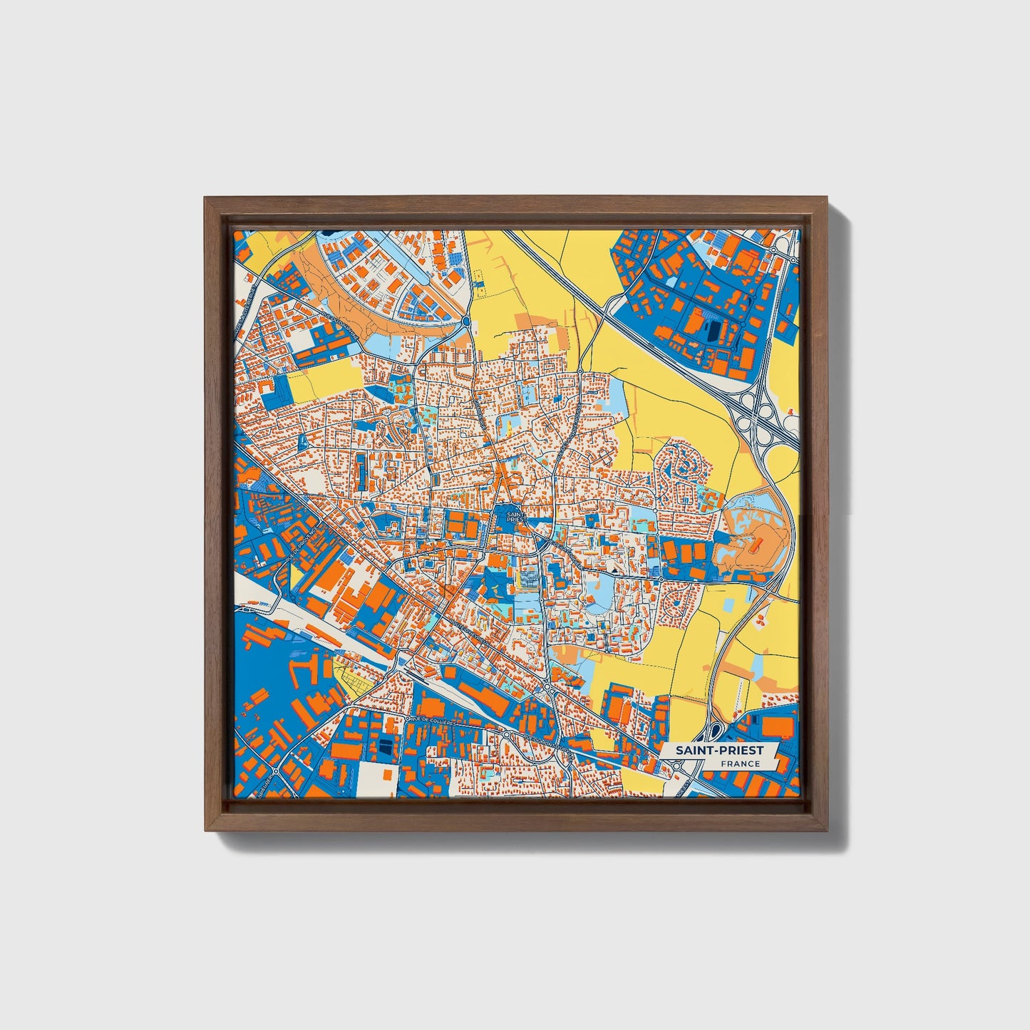 Saint-Priest France Colorful City Map Canvas Print • Dark Wooden Framed