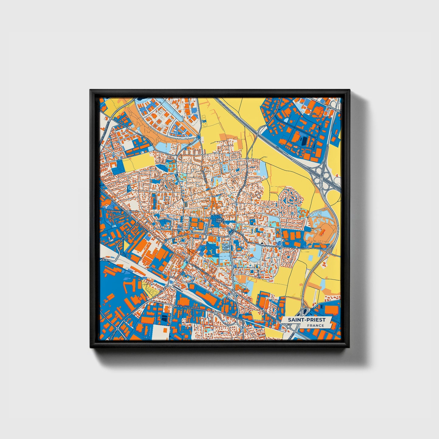 Saint-Priest France Colorful City Map Canvas Print • Black Framed