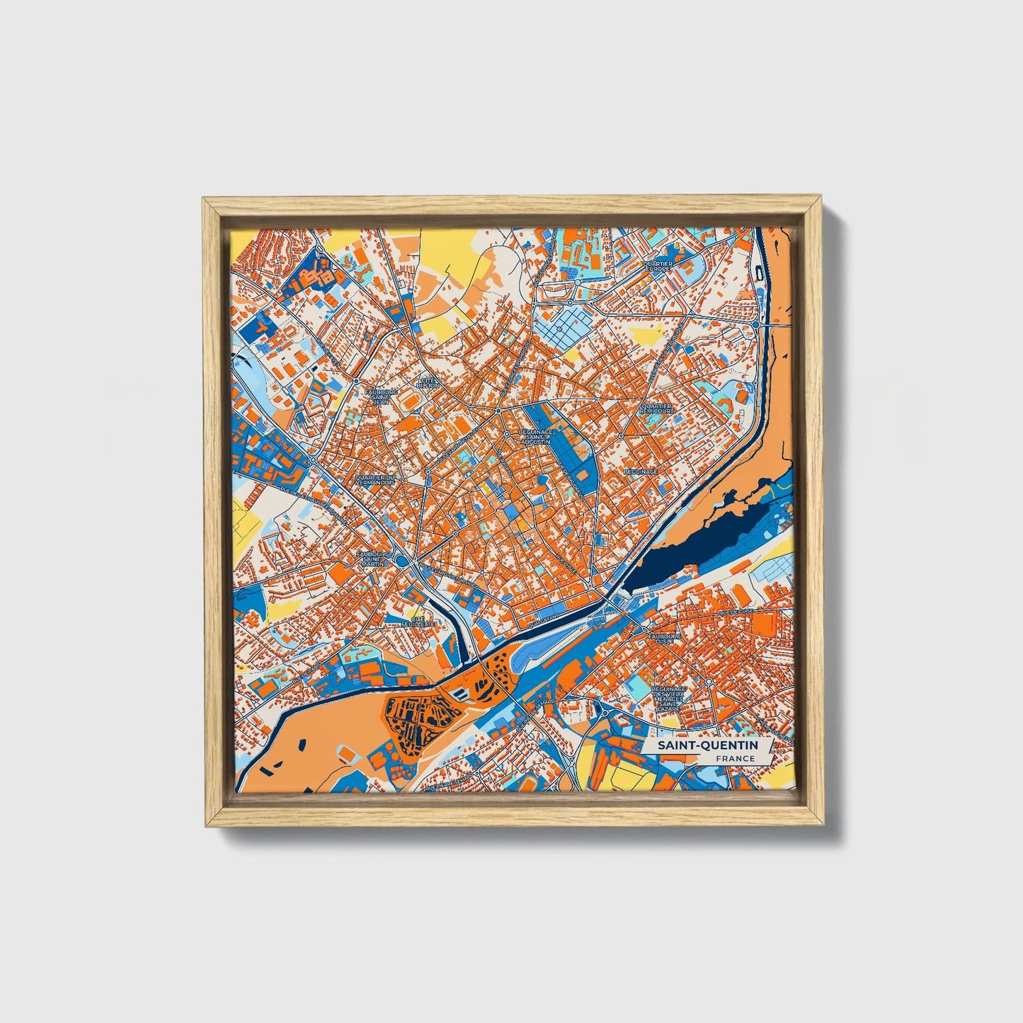 Saint-Quentin France Colorful City Map Canvas Print • Natural Wooden Framed