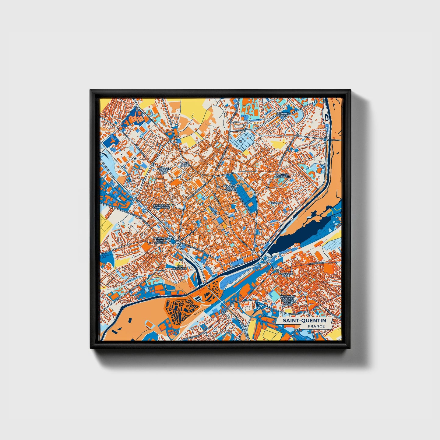 Saint-Quentin France Colorful City Map Canvas Print • Black Framed