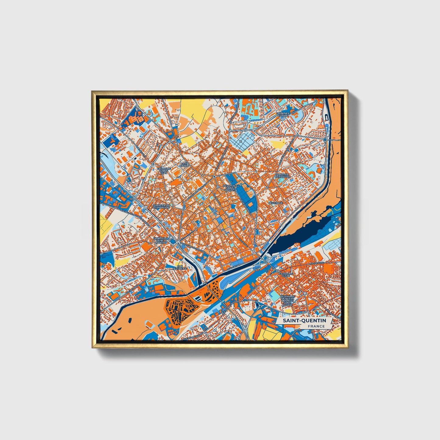 Saint-Quentin France Colorful City Map Canvas Print • Gold Framed