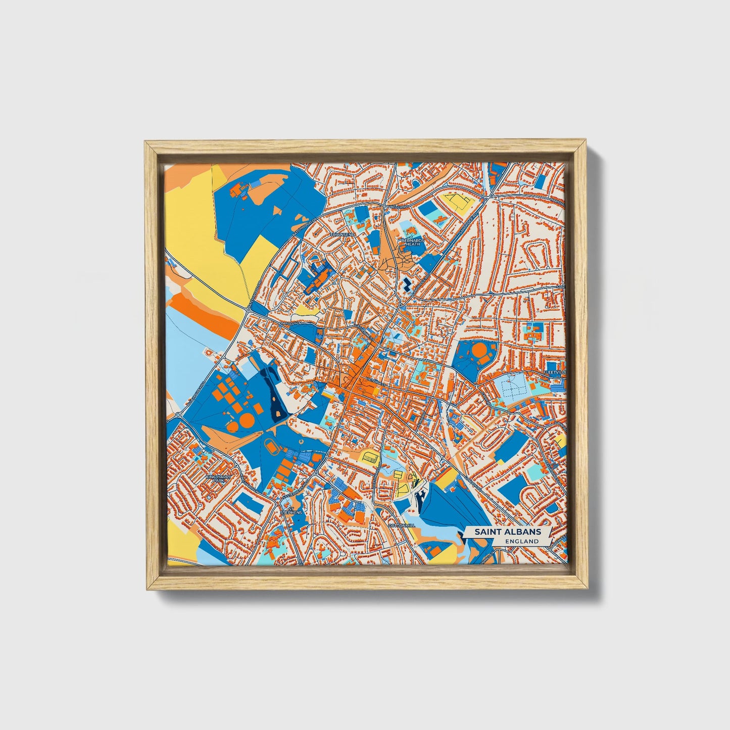 Saint Albans England Colorful City Map Canvas Print • Natural Wooden Framed