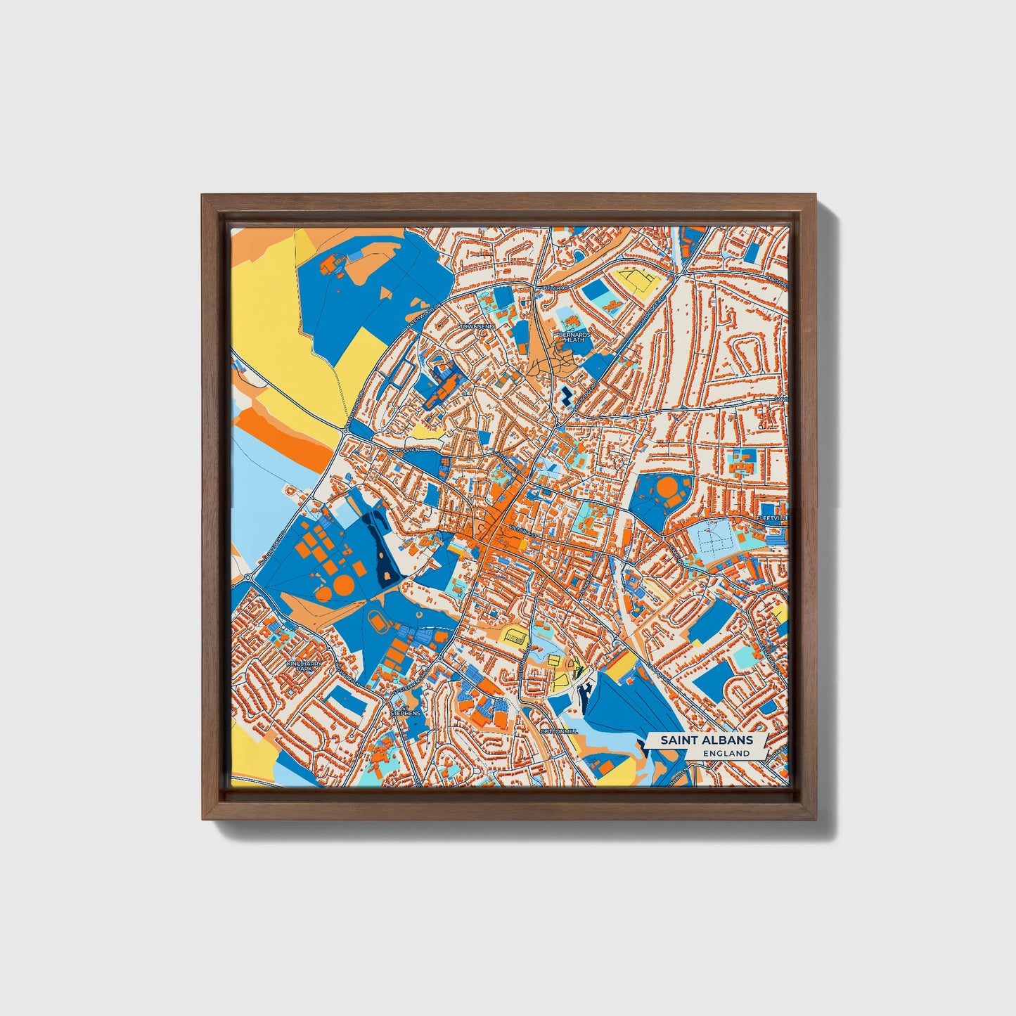 Saint Albans England Colorful City Map Canvas Print • Dark Wooden Framed