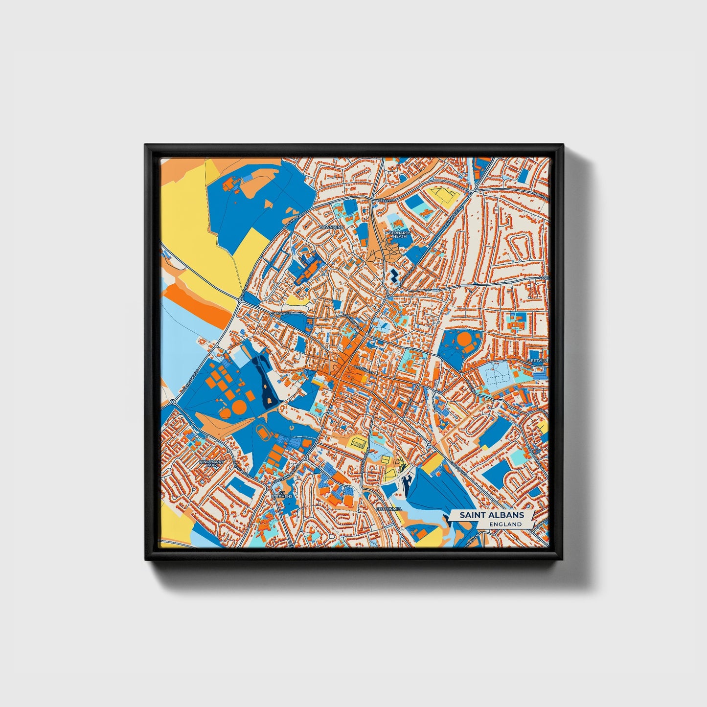 Saint Albans England Colorful City Map Canvas Print • Black Framed