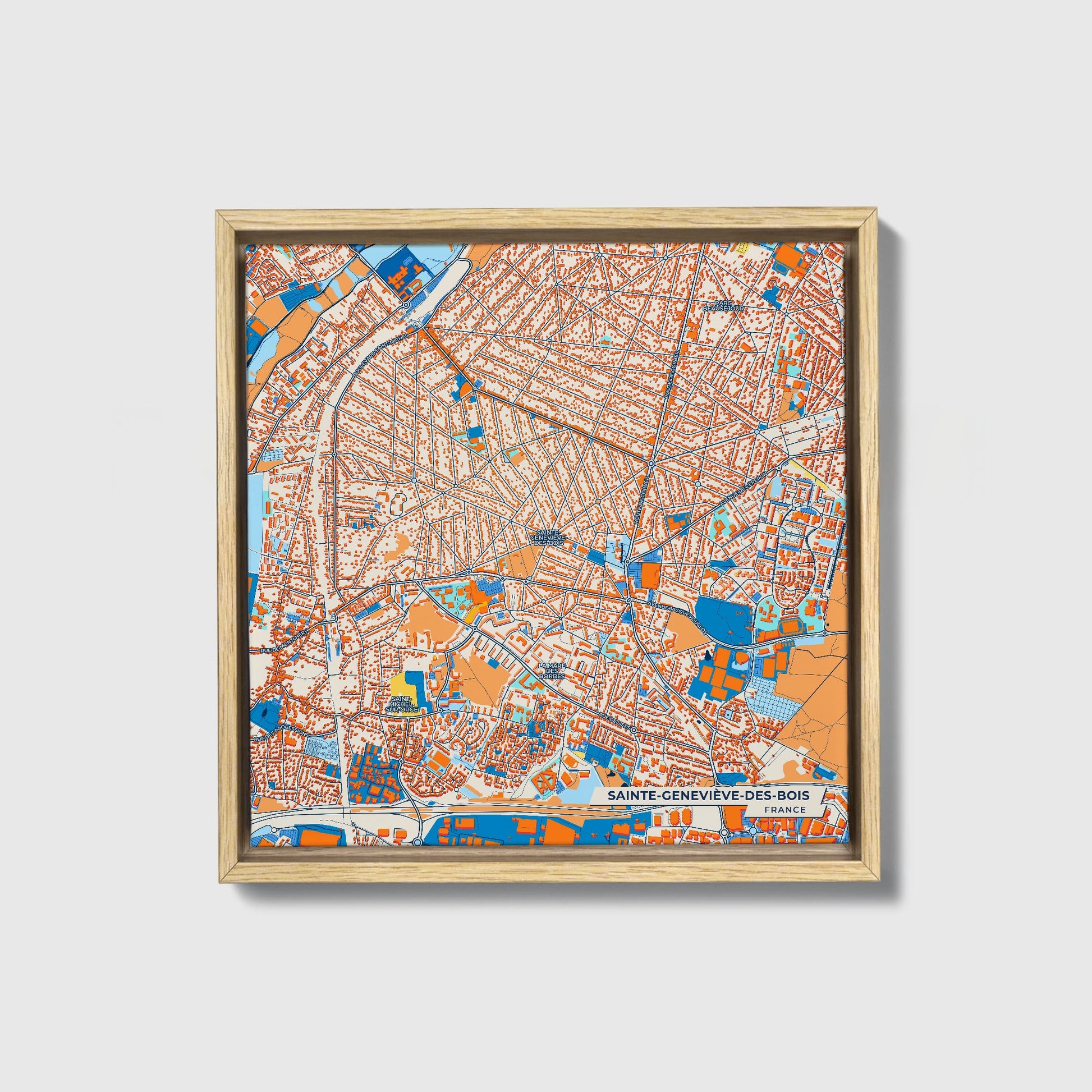 Sainte-Geneviève-Des-Bois France Colorful City Map Canvas Print • Natural Wooden Framed