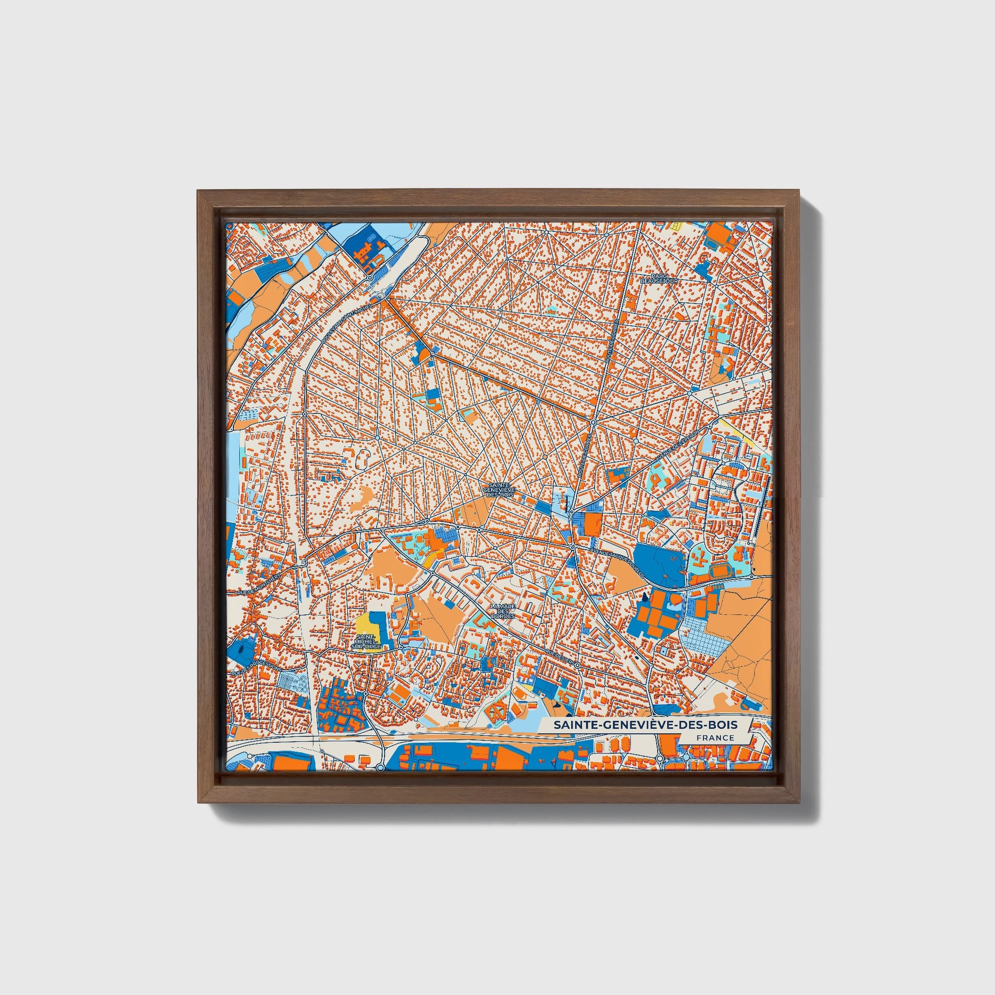 Sainte-Geneviève-Des-Bois France Colorful City Map Canvas Print • Dark Wooden Framed