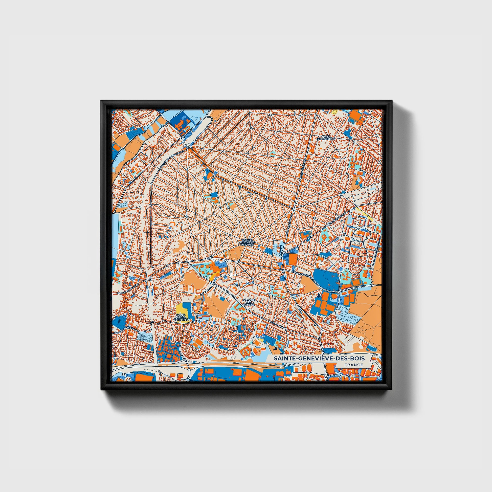Sainte-Geneviève-Des-Bois France Colorful City Map Canvas Print • Black Framed