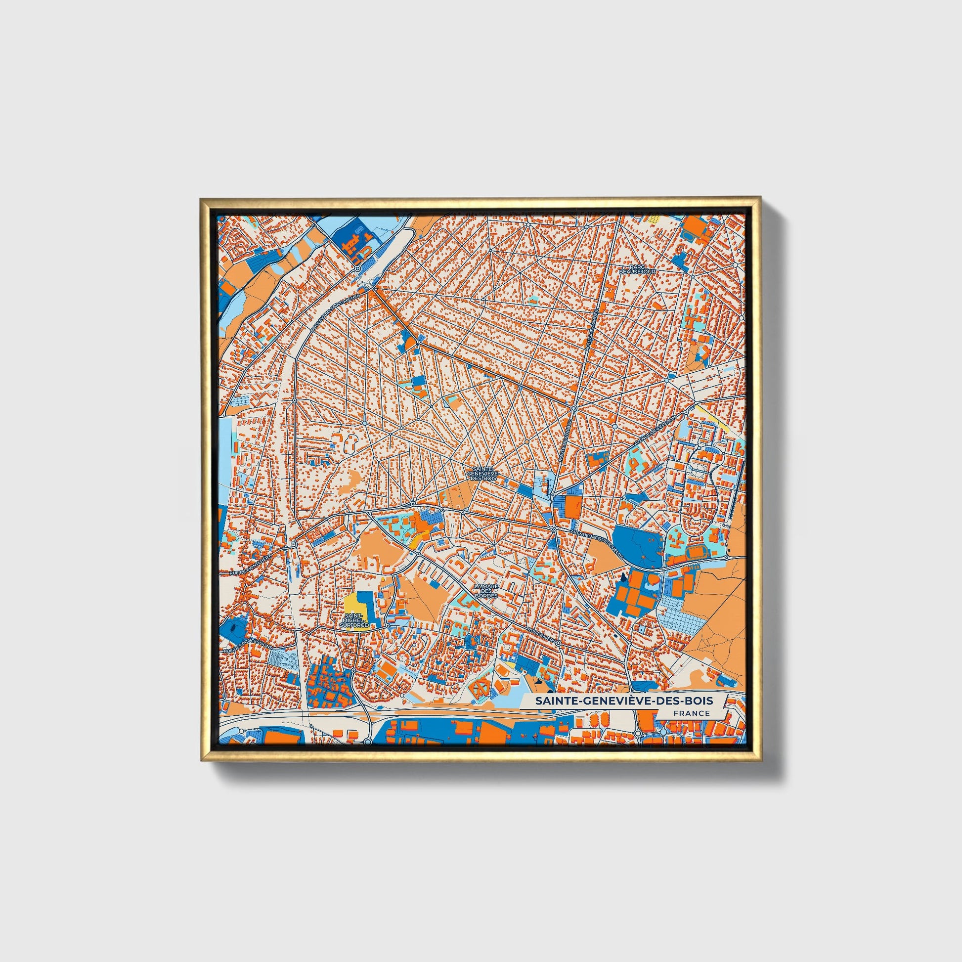 Sainte-Geneviève-Des-Bois France Colorful City Map Canvas Print • Gold Framed