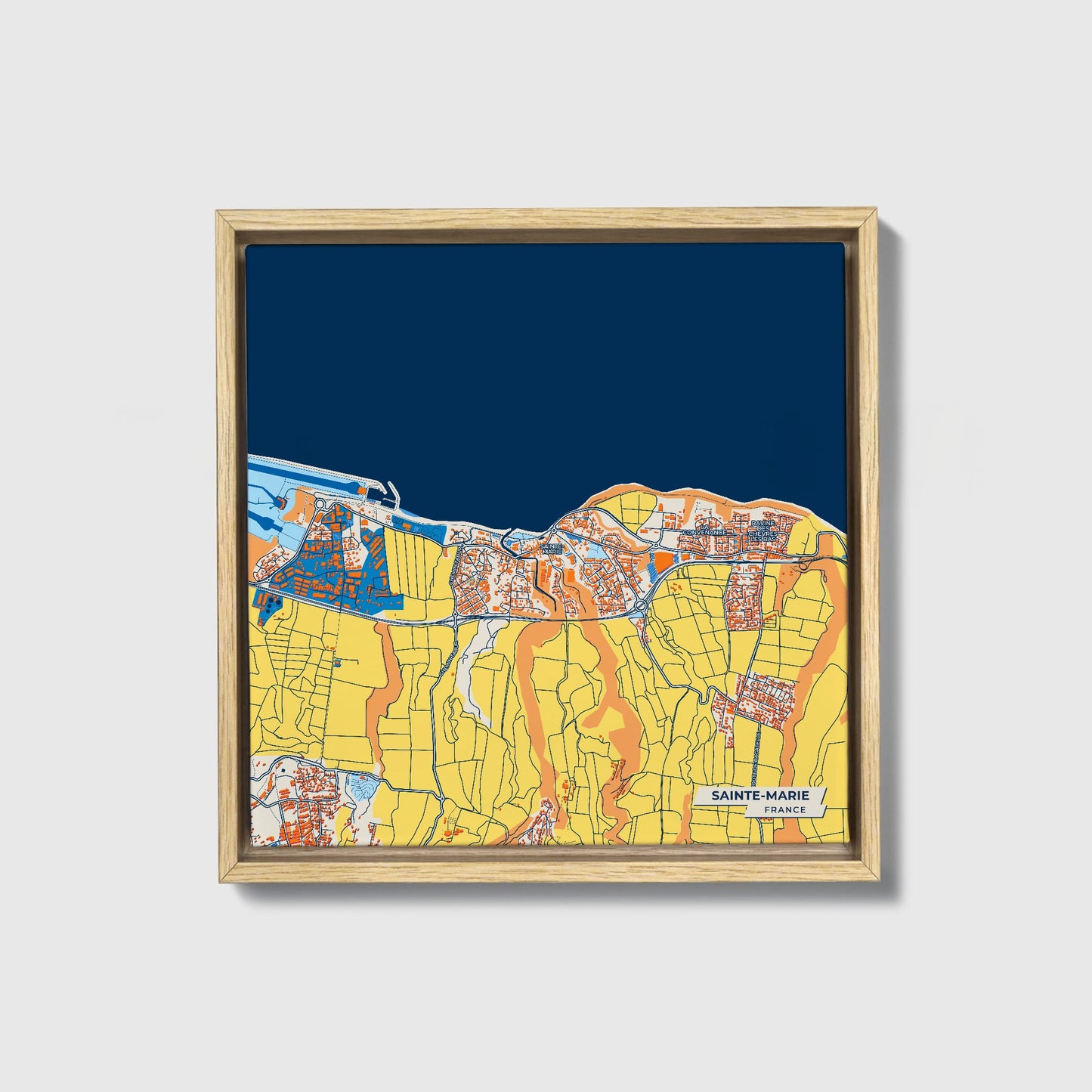 Sainte-Marie France Colorful City Map Canvas Print • Natural Wooden Framed