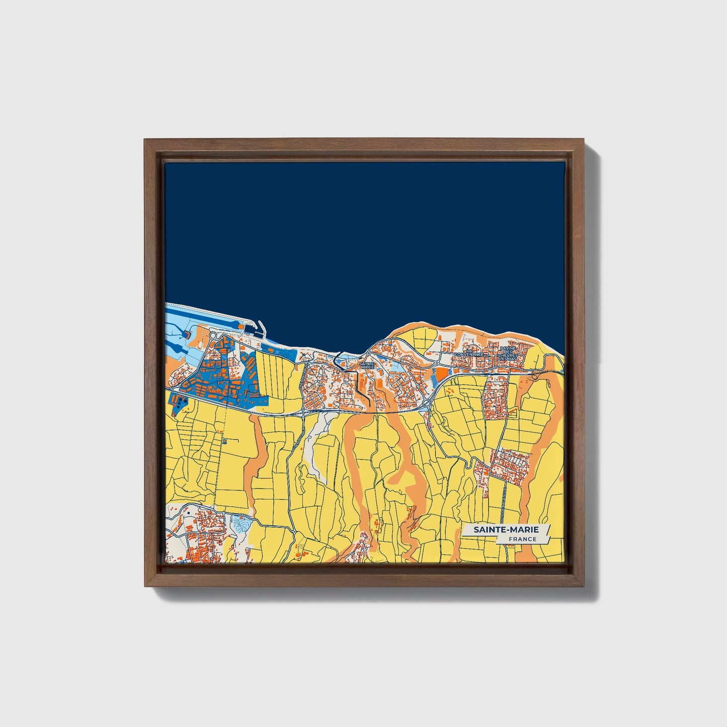 Sainte-Marie France Colorful City Map Canvas Print • Dark Wooden Framed