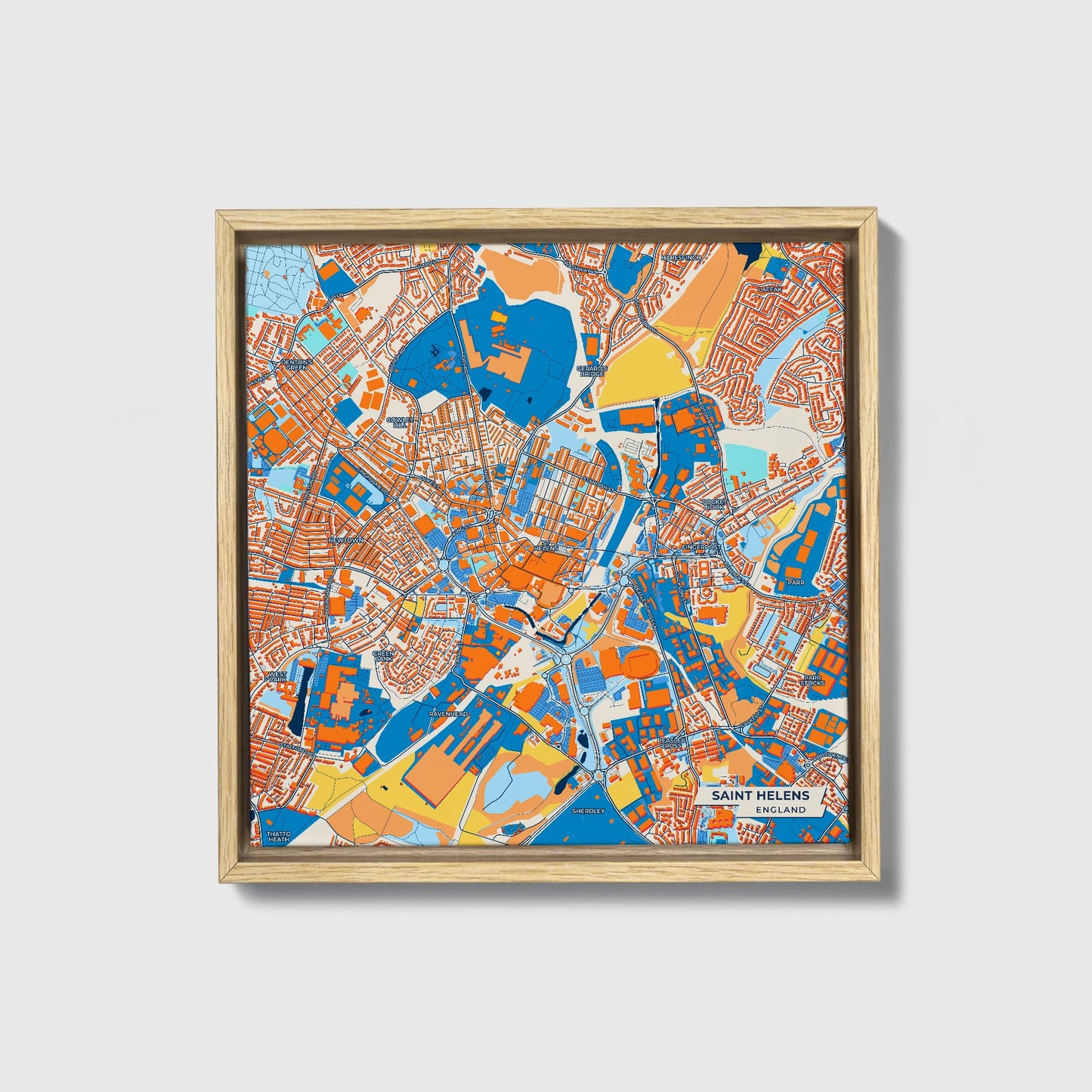 Saint Helens England Colorful City Map Canvas Print • Natural Wooden Framed