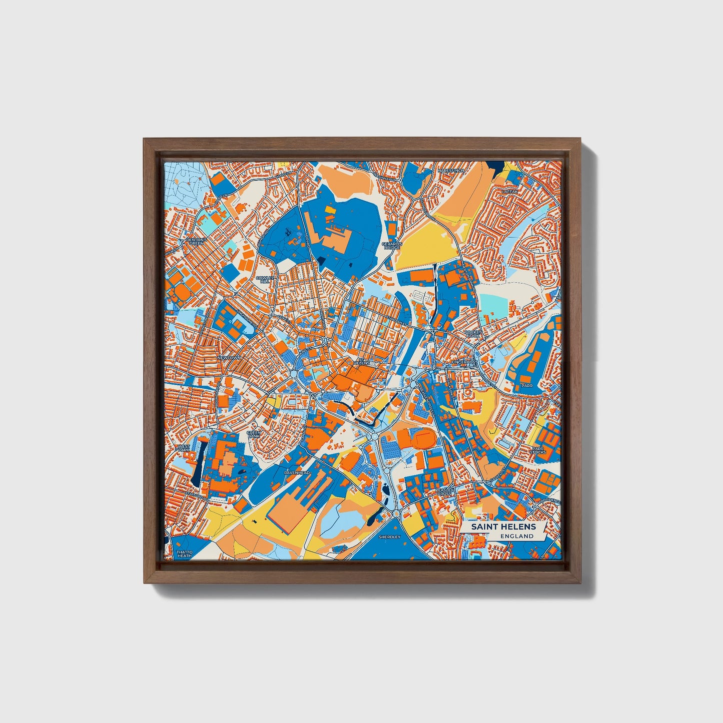 Saint Helens England Colorful City Map Canvas Print • Dark Wooden Framed
