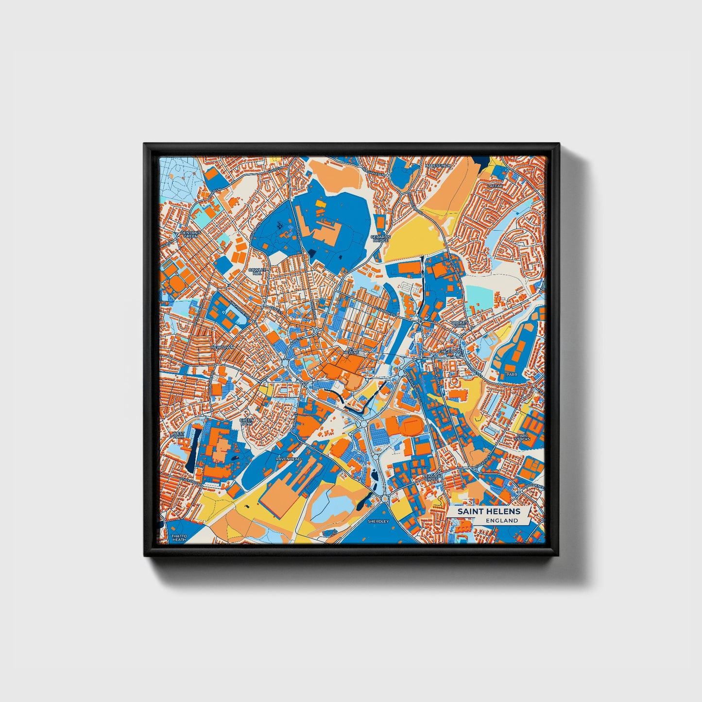 Saint Helens England Colorful City Map Canvas Print • Black Framed