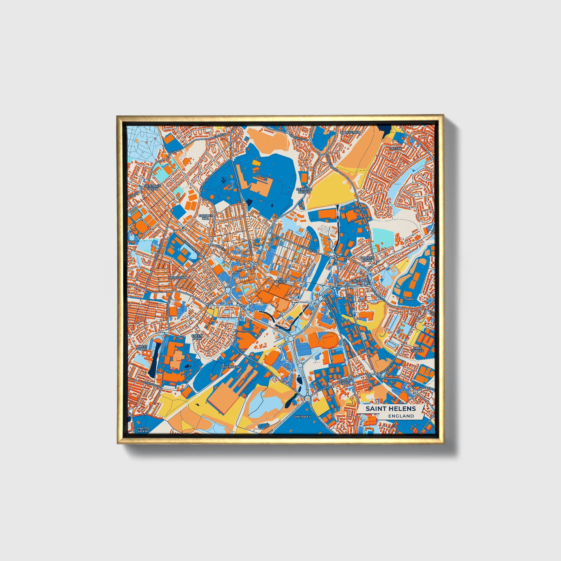 Saint Helens England Colorful City Map Canvas Print • Gold Framed