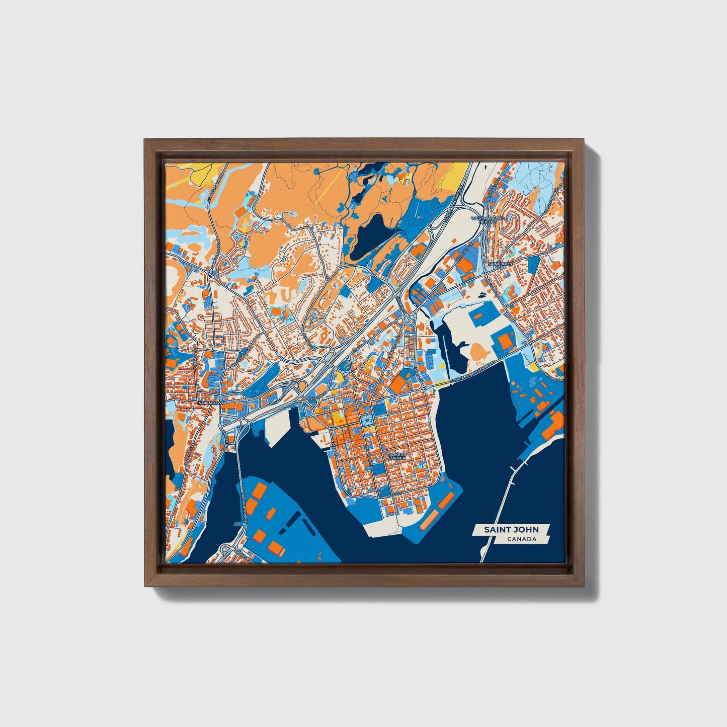 Saint John Canada Colorful City Map Canvas Print • Dark Wooden Framed