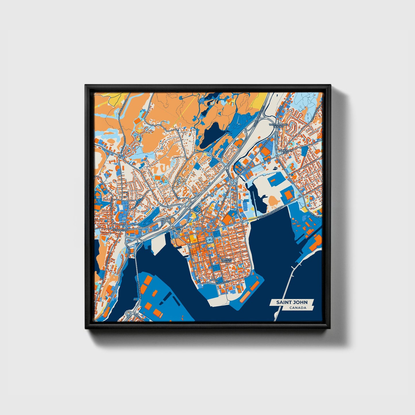 Saint John Canada Colorful City Map Canvas Print • Black Framed