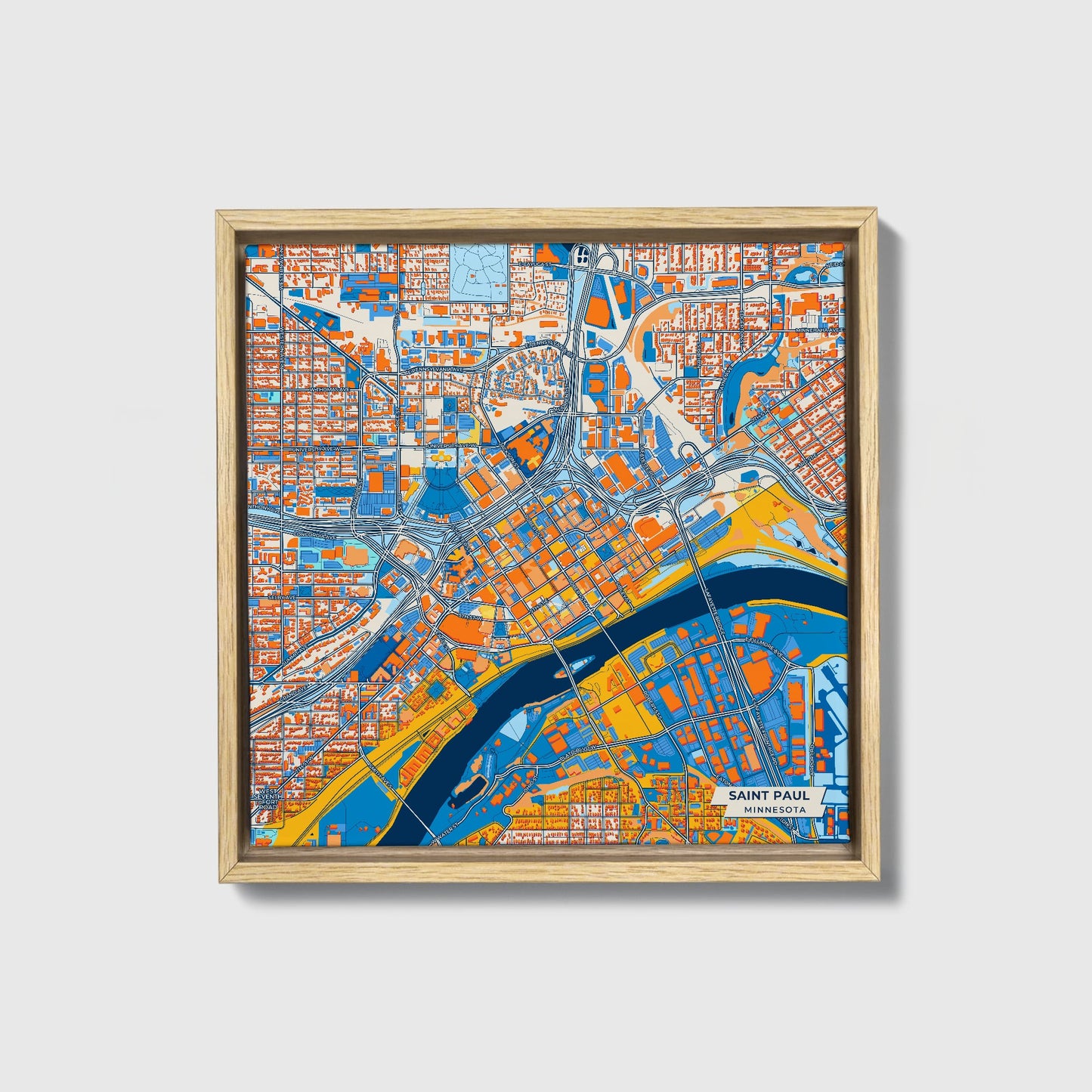Saint Paul Minnesota Colorful City Map Canvas Print • Natural Wooden Framed