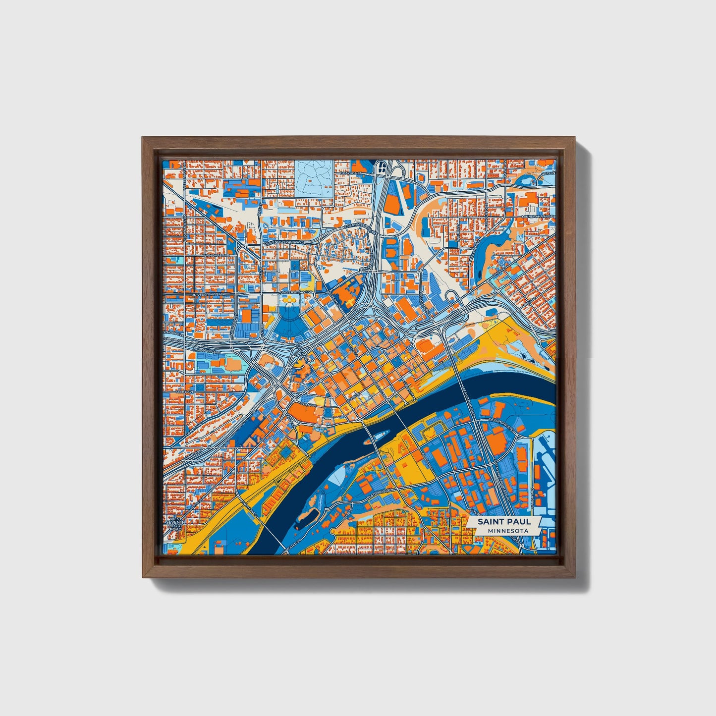 Saint Paul Minnesota Colorful City Map Canvas Print • Dark Wooden Framed