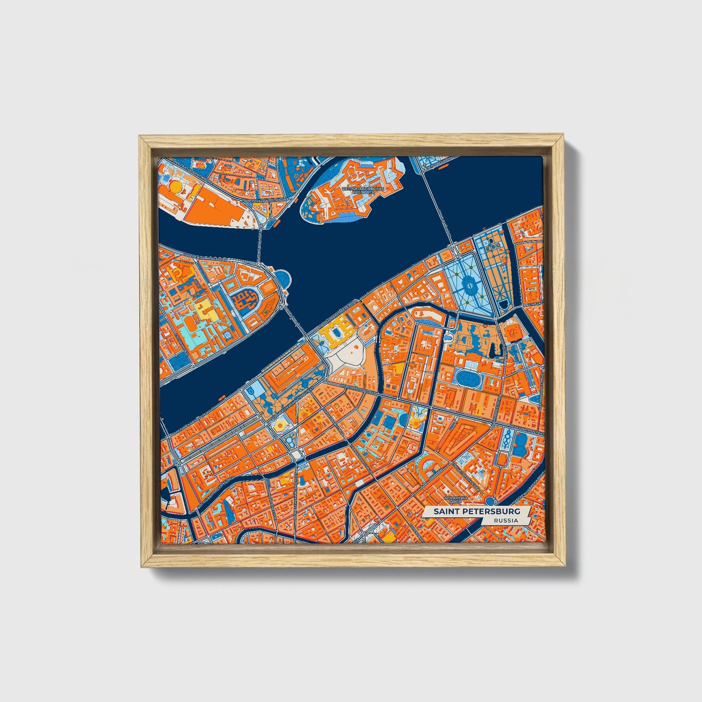 Санкт-Петербург Russia Colorful City Map Canvas Print • Natural Wooden Framed