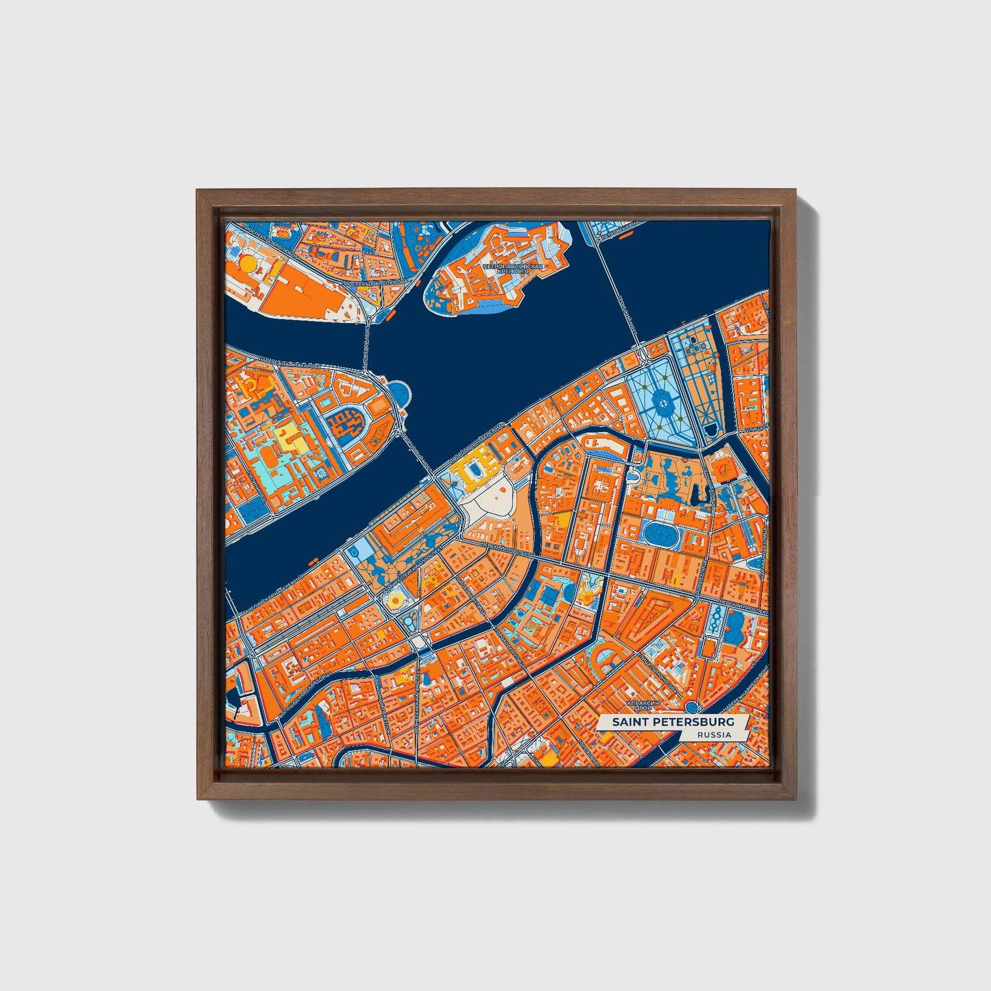 Санкт-Петербург Russia Colorful City Map Canvas Print • Dark Wooden Framed