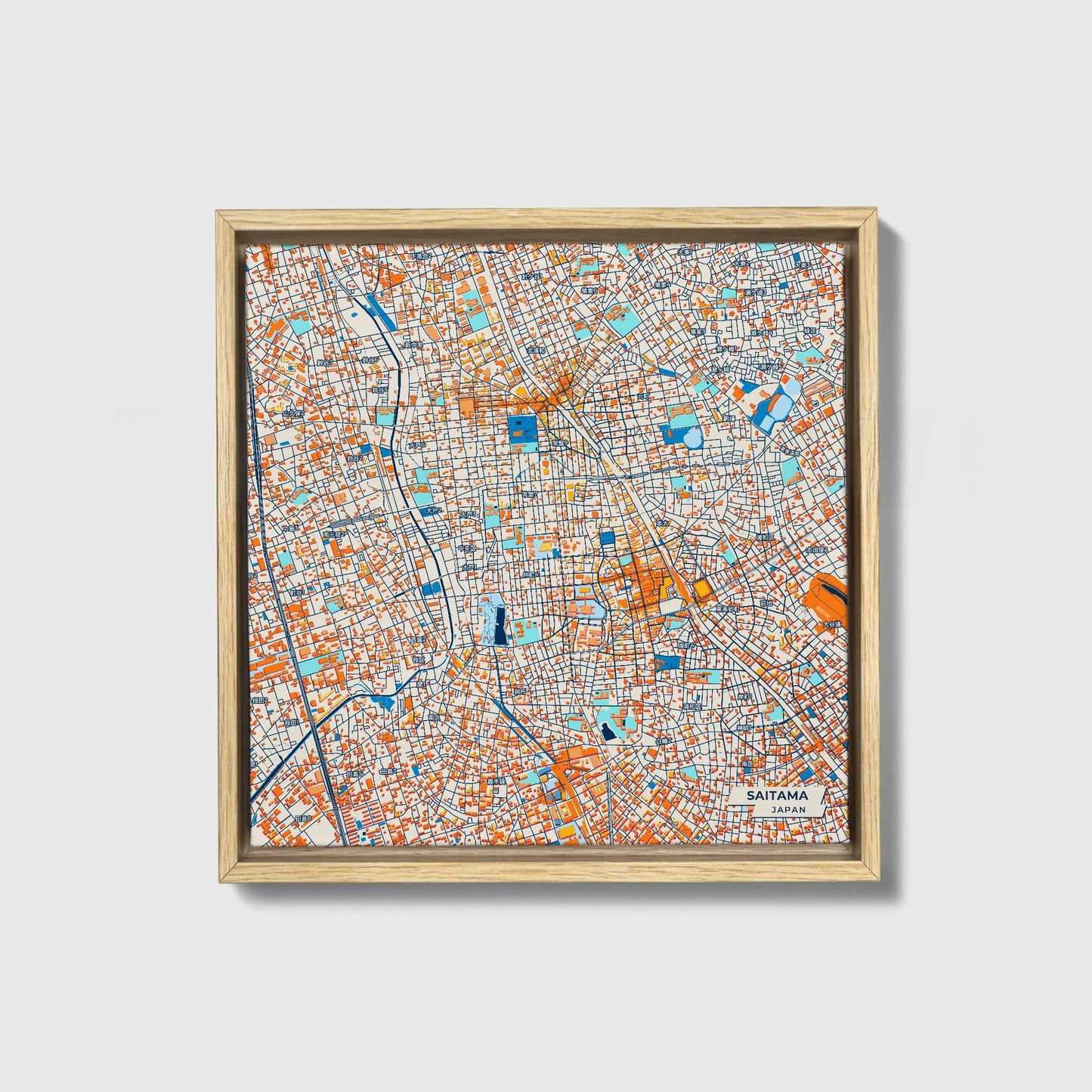 Saitama Japan Colorful City Map Canvas Print • Natural Wooden Framed