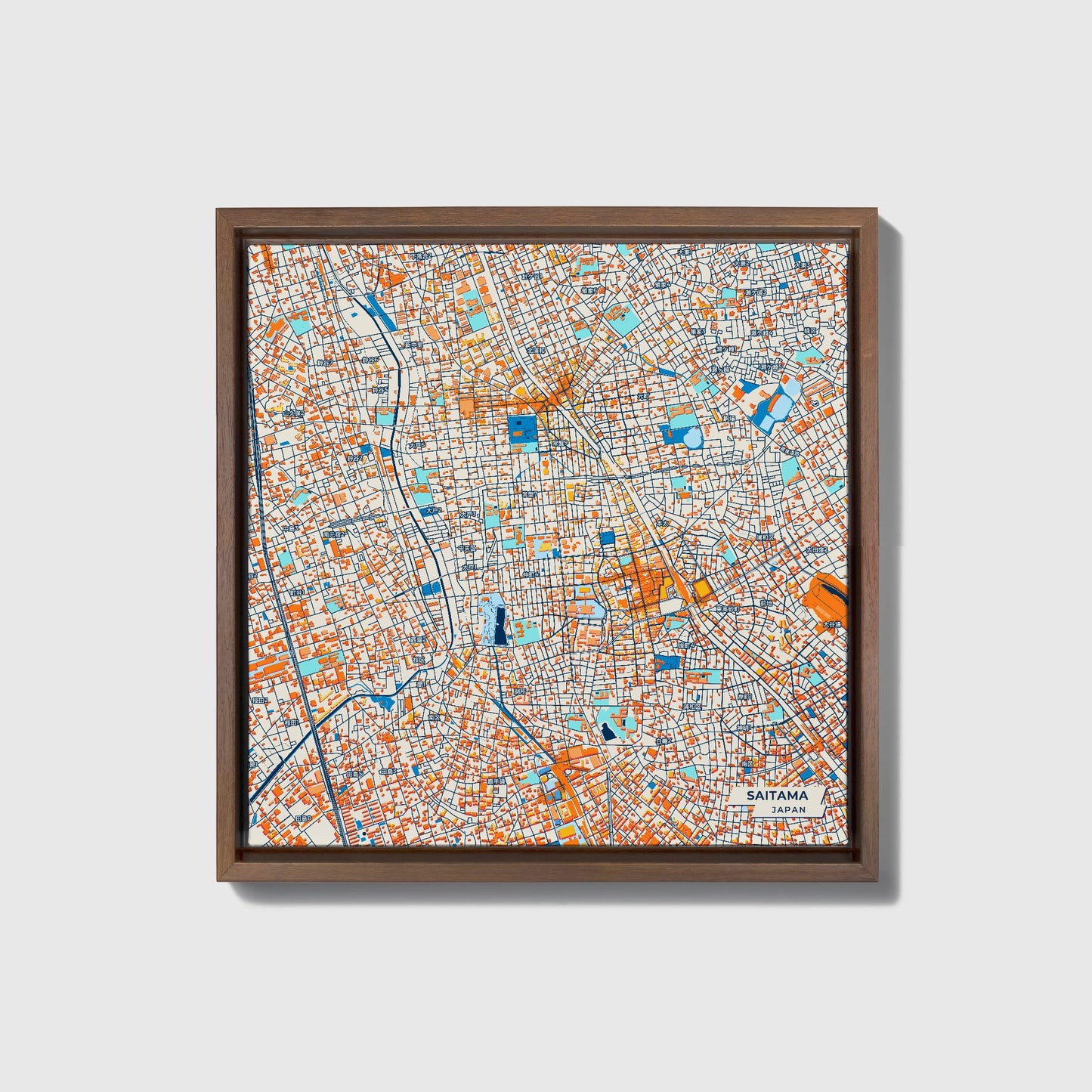 Saitama Japan Colorful City Map Canvas Print • Dark Wooden Framed