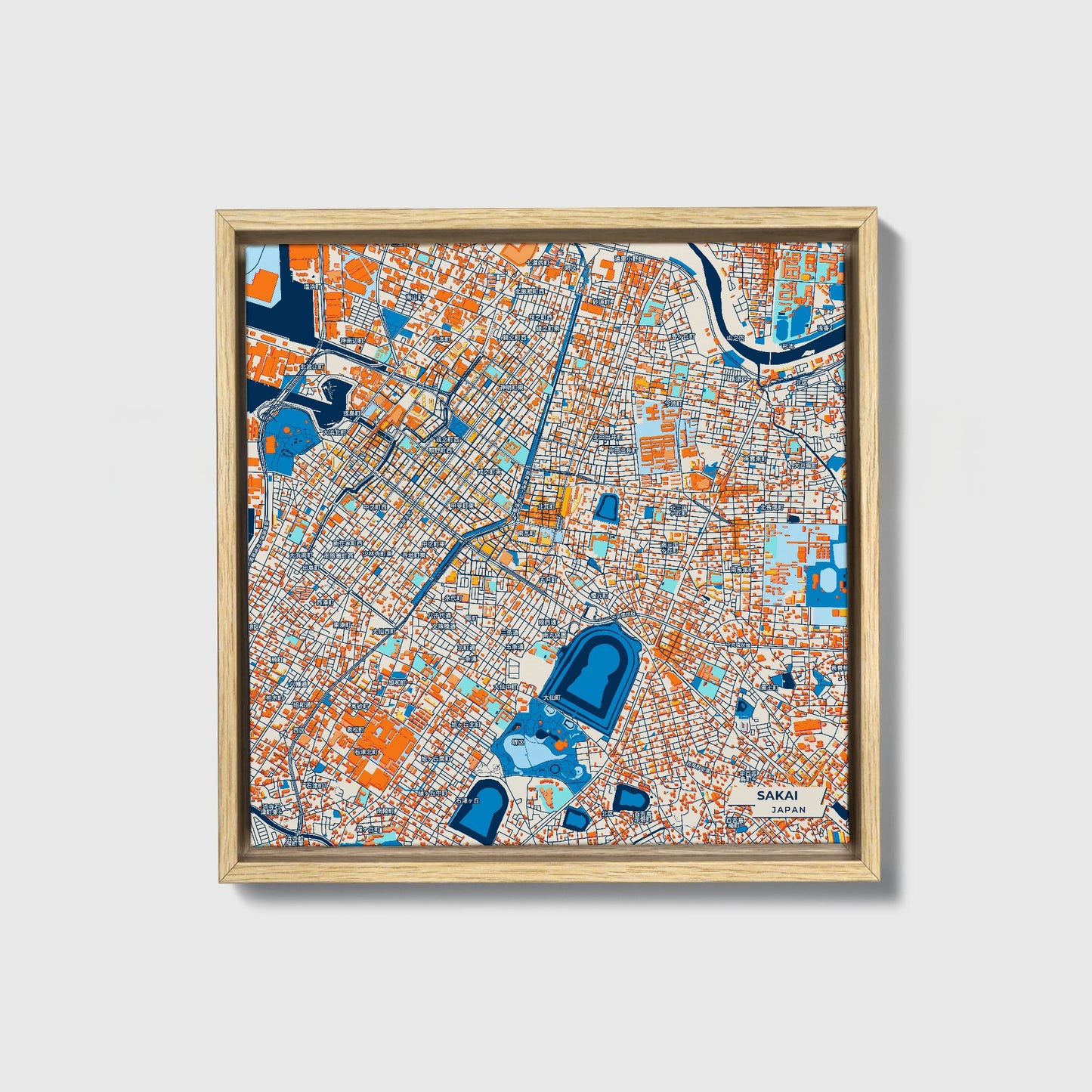Sakai Japan Colorful City Map Canvas Print • Natural Wooden Framed