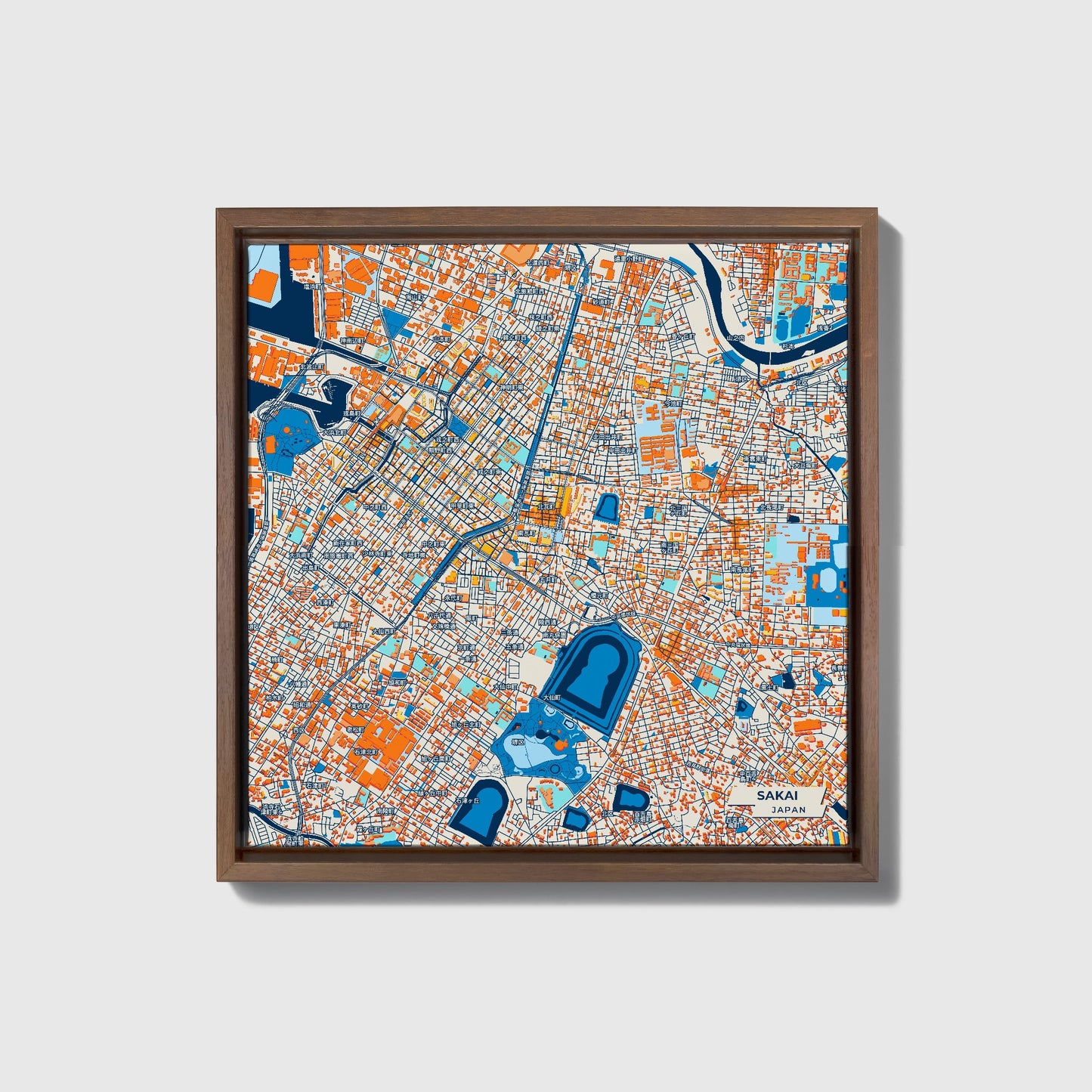Sakai Japan Colorful City Map Canvas Print • Dark Wooden Framed