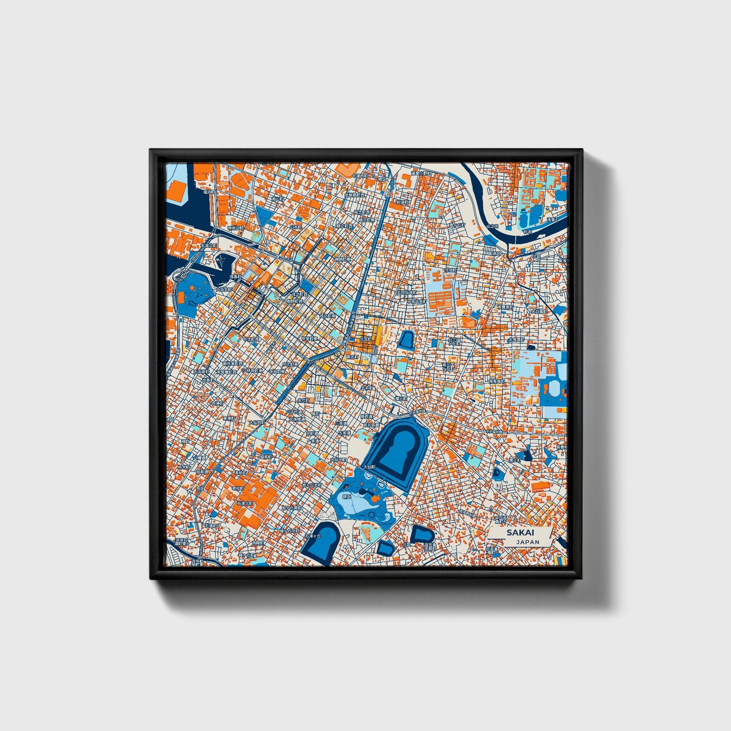 Sakai Japan Colorful City Map Canvas Print • Black Framed
